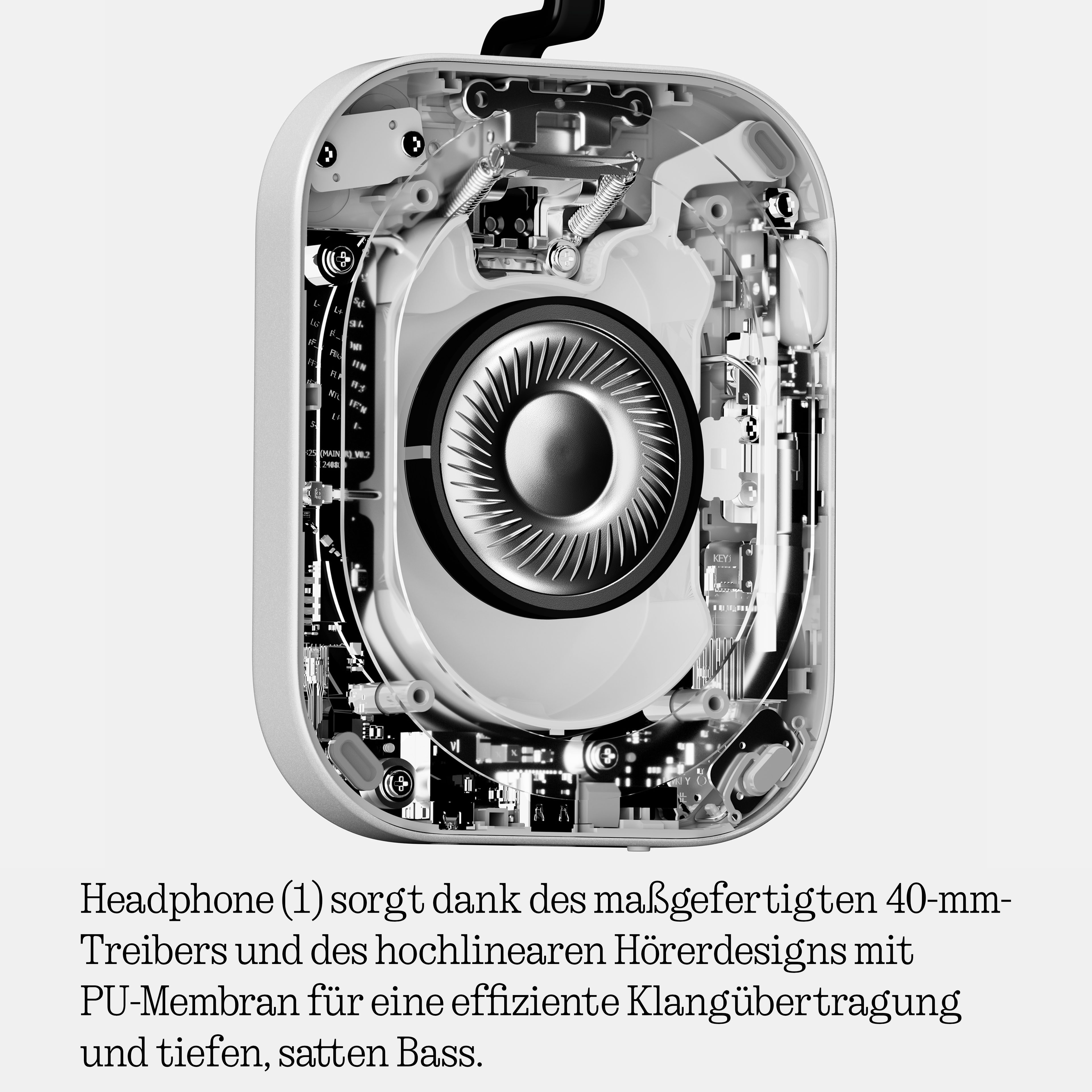 Technischer Querschnitt eines Kopfhörers zeigt den internen 40-mm-Treiber, Platinen und mechanische Komponenten.