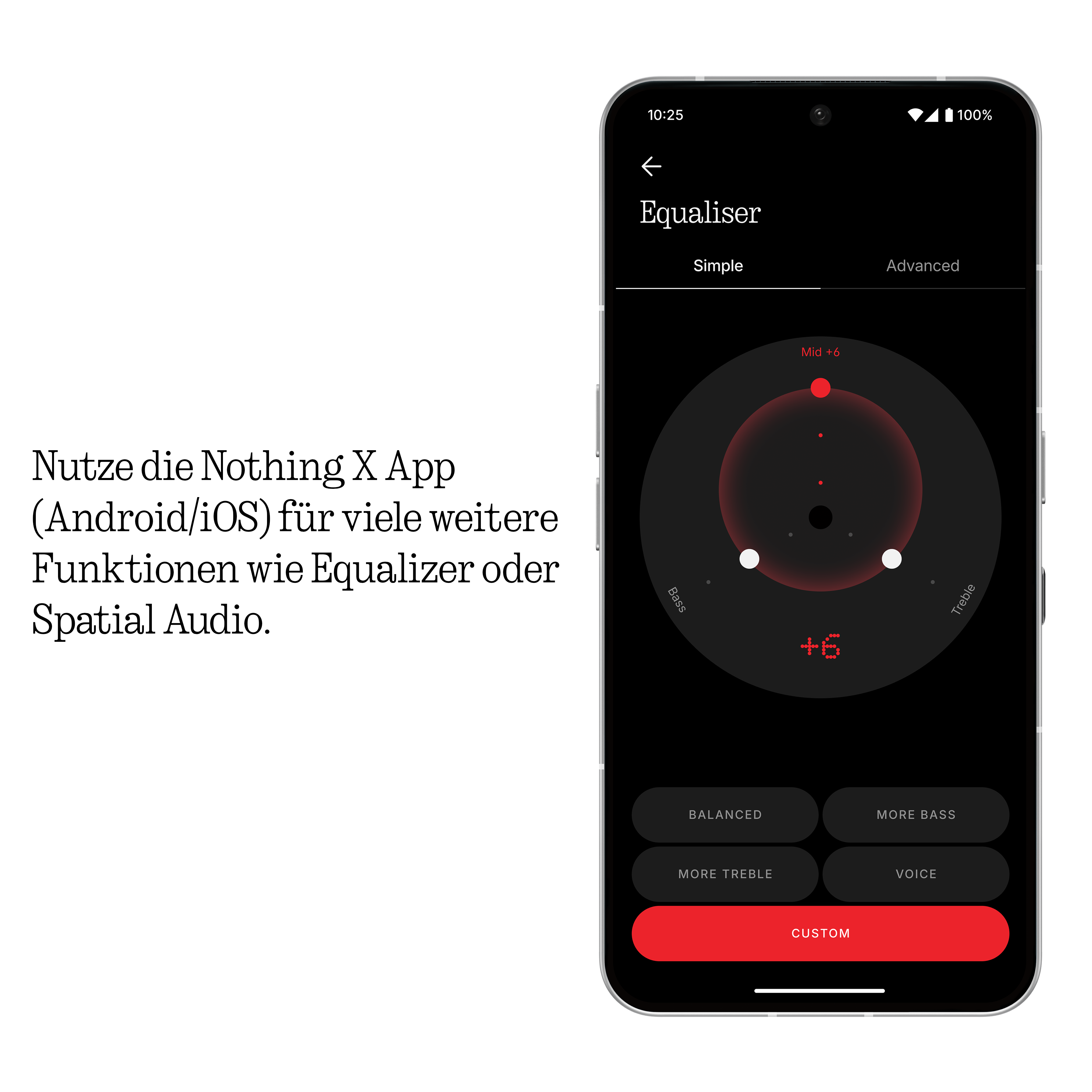 Ein Smartphone zeigt die Nothing X App mit Equalizer-Einstellungen und deutscher Textbeschreibung auf der linken Seite.