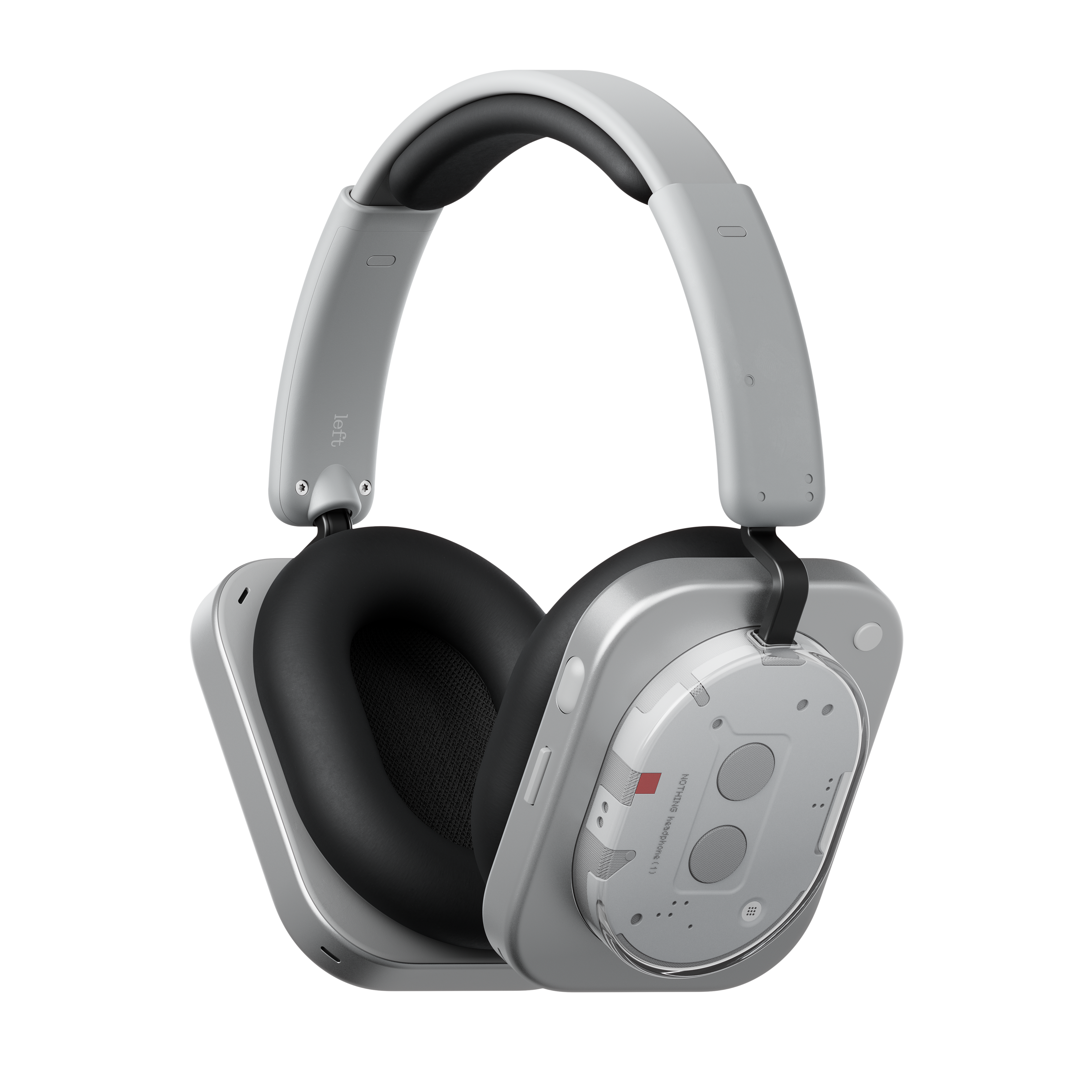 Weiße und schwarze Over-Ear-Kopfhörer mit transparenten Ohrmuscheln und gepolstertem Bügel vor schwarzem Hintergrund.