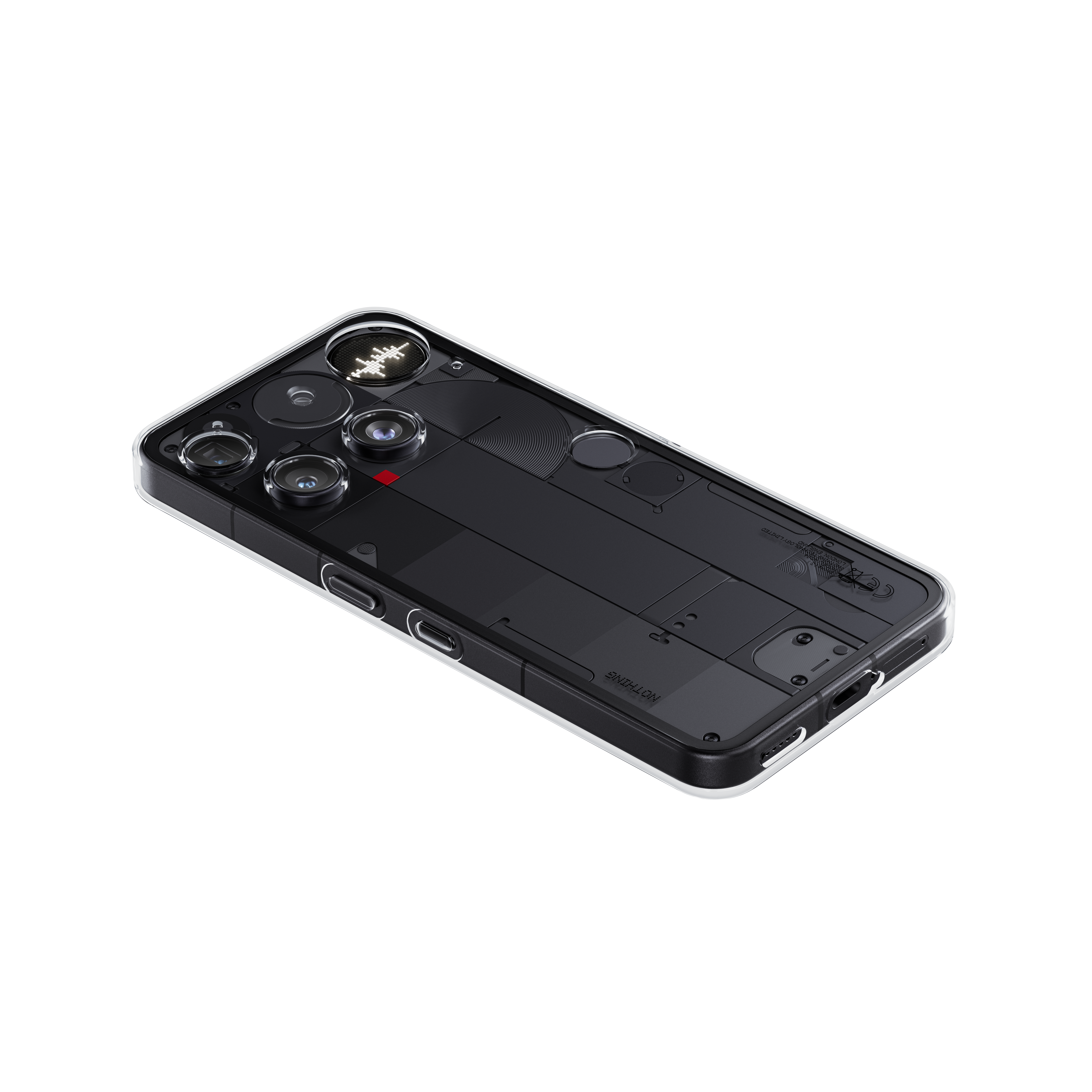 Ein schwarzes Smartphone mit transparentem Cover, mehreren Kameraobjektiven und LED-Licht auf der Rückseite.