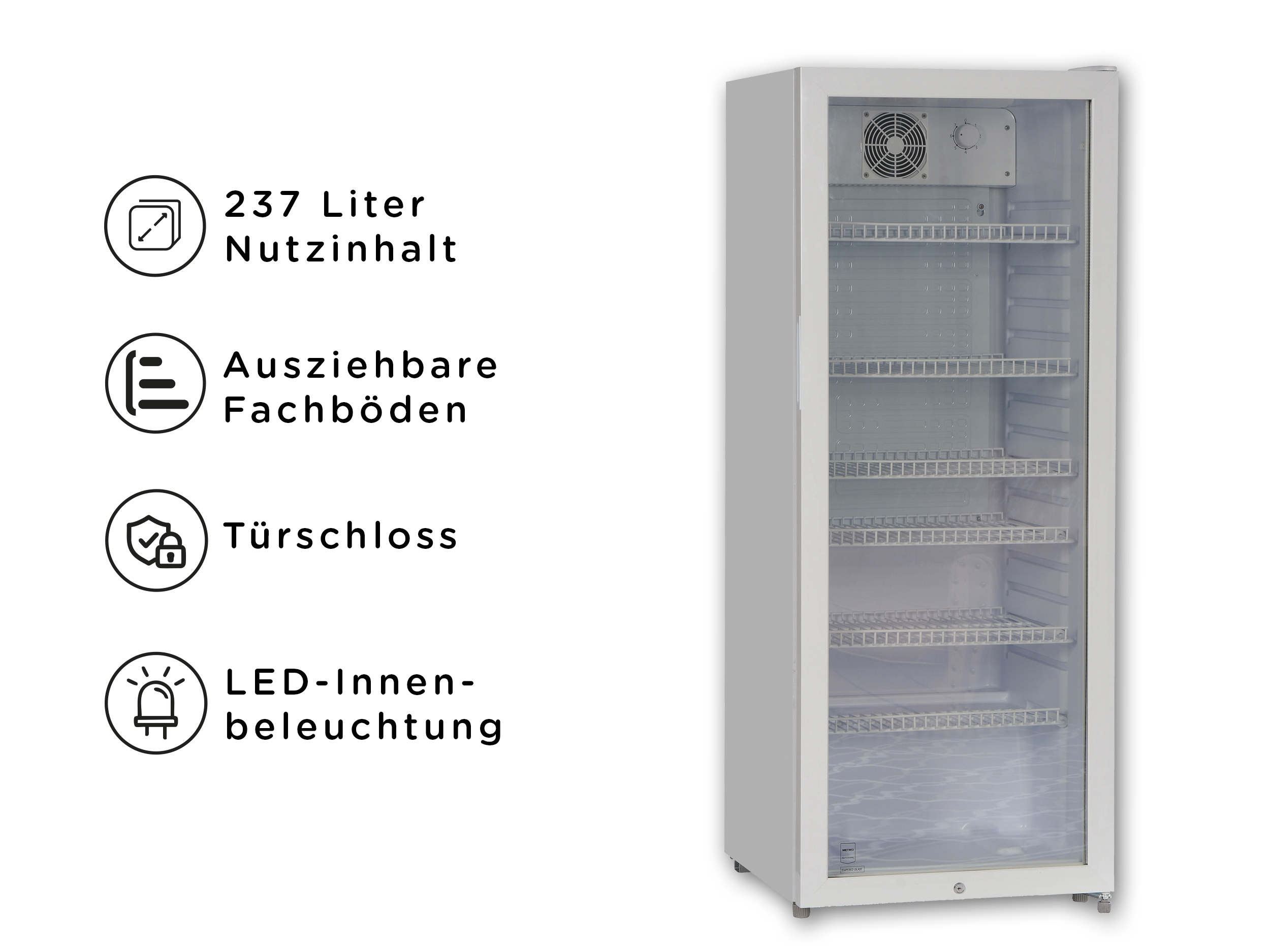 Weisser Getraenkekuehlschrank mit Glastuer und Funktionssymbolen links.