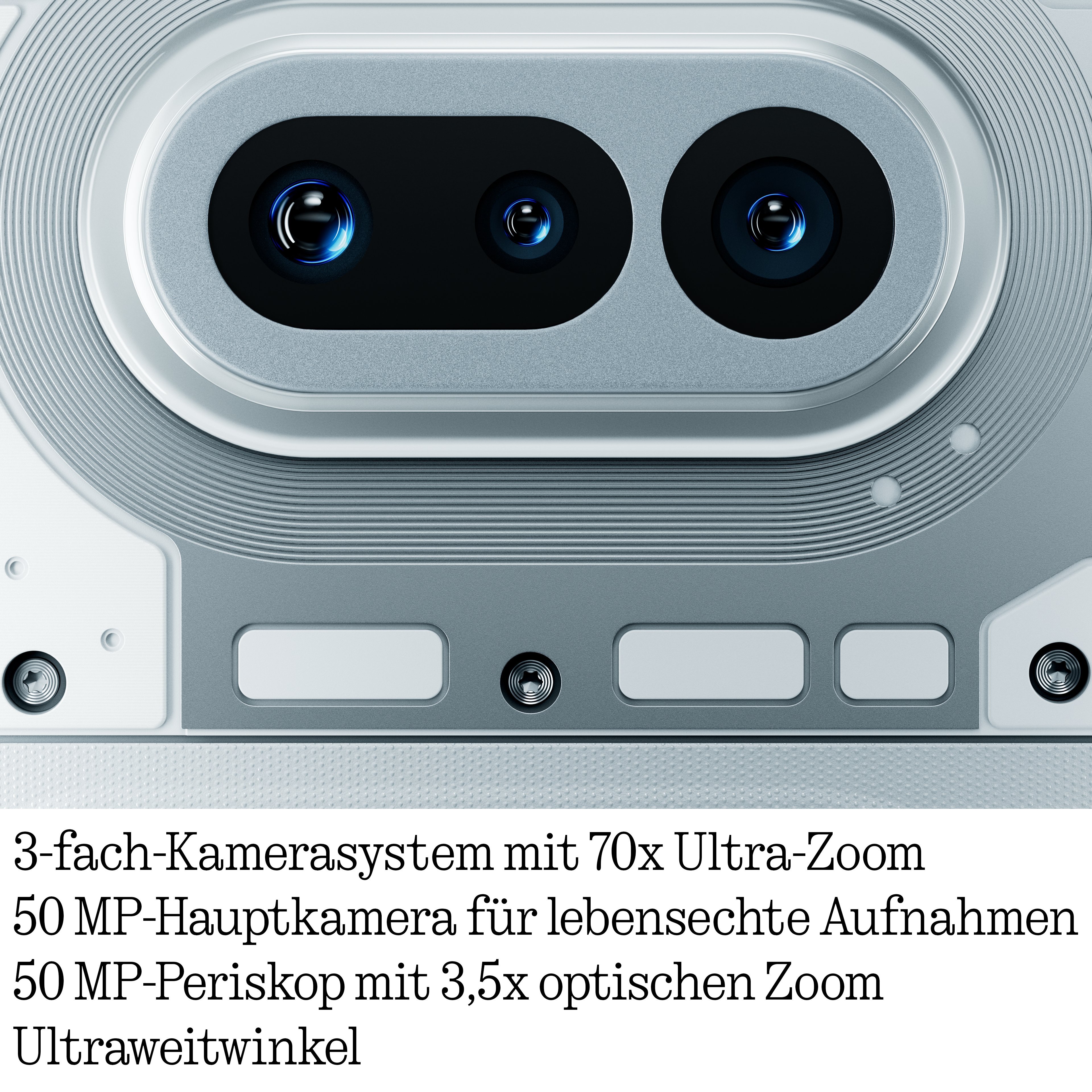 Smartphone-Rückseite mit Triple-Kameramodul und Schrauben.