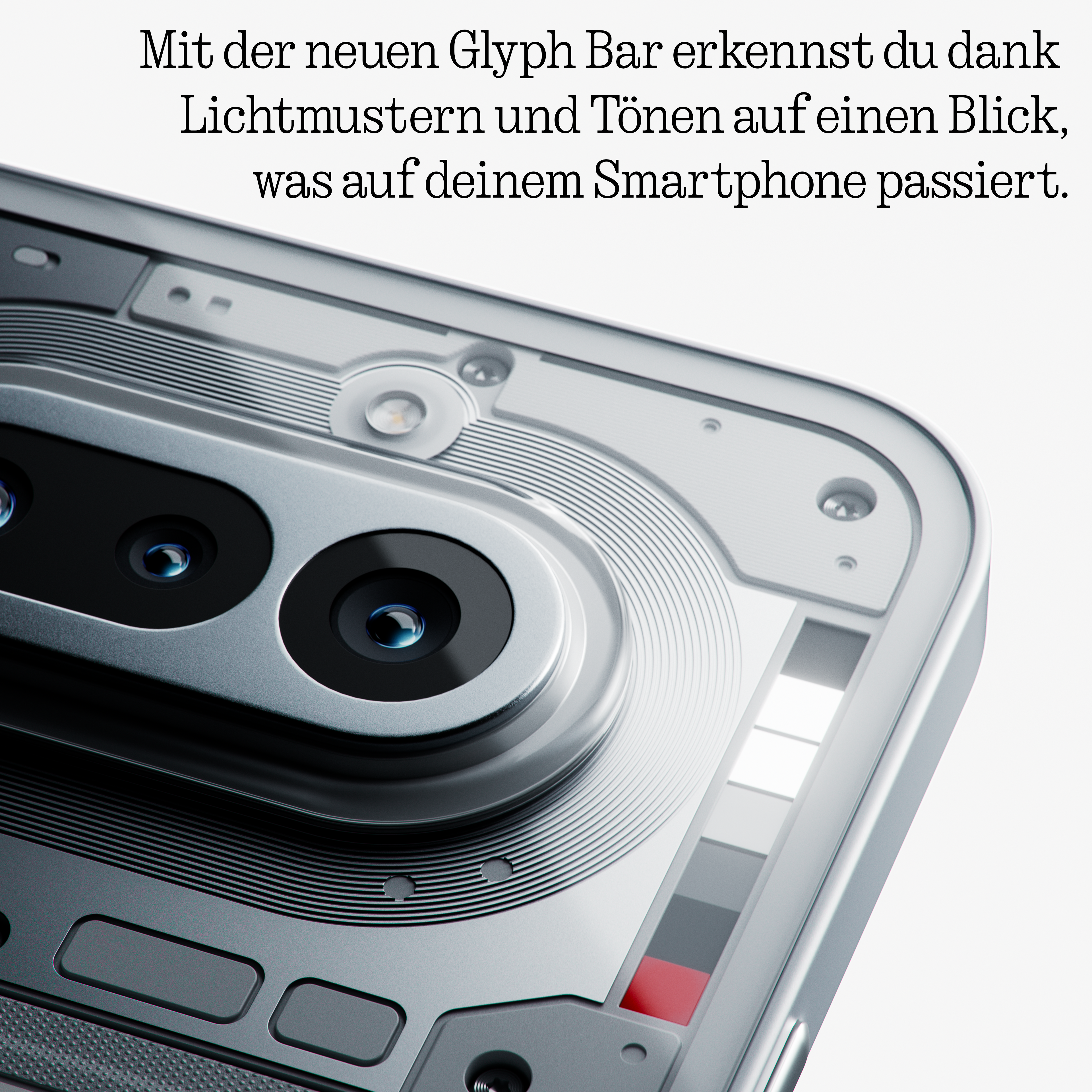 Nahaufnahme der silbernen Smartphone-Rückseite mit Dual-Kamera und leuchtender Benachrichtigungs-Glyph-Leiste.