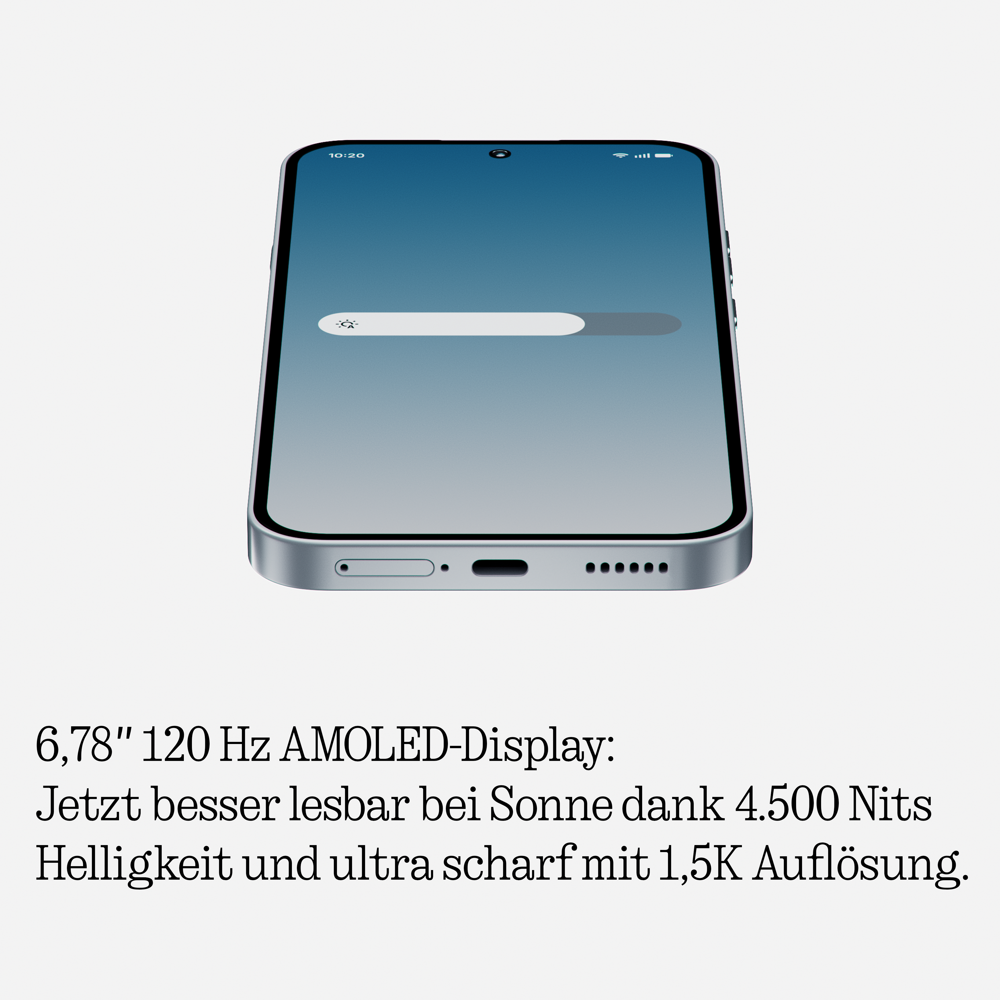 Ein Smartphone mit blauem Bildschirm und Helligkeitsregler, umgeben von deutschem Werbetext über das Display.