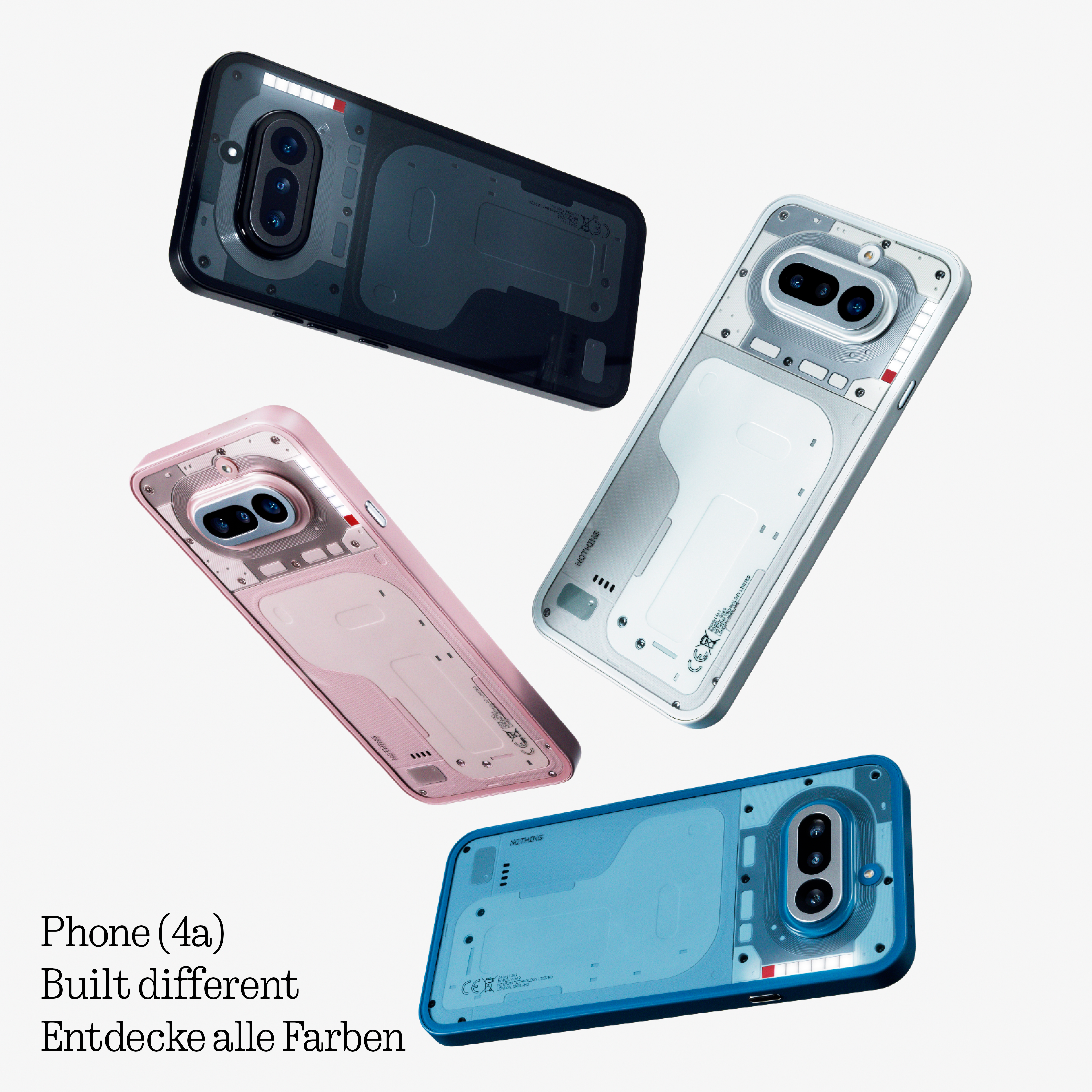 Vier Handys in Schwarz, Weiß, Rosa und Blau mit transparentem Rückseitendesign schweben auf weißem Hintergrund.
