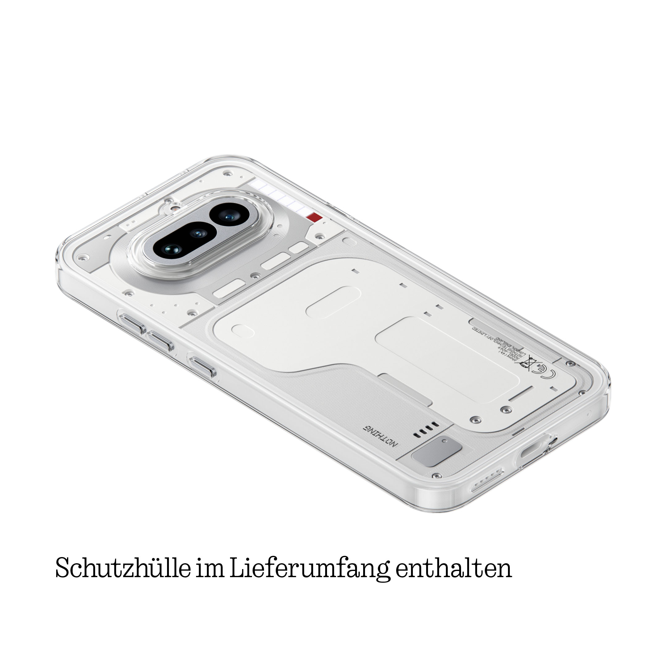 Transparente Schutzhülle auf weißem Hintergrund mit Smartphone-Rückseite.