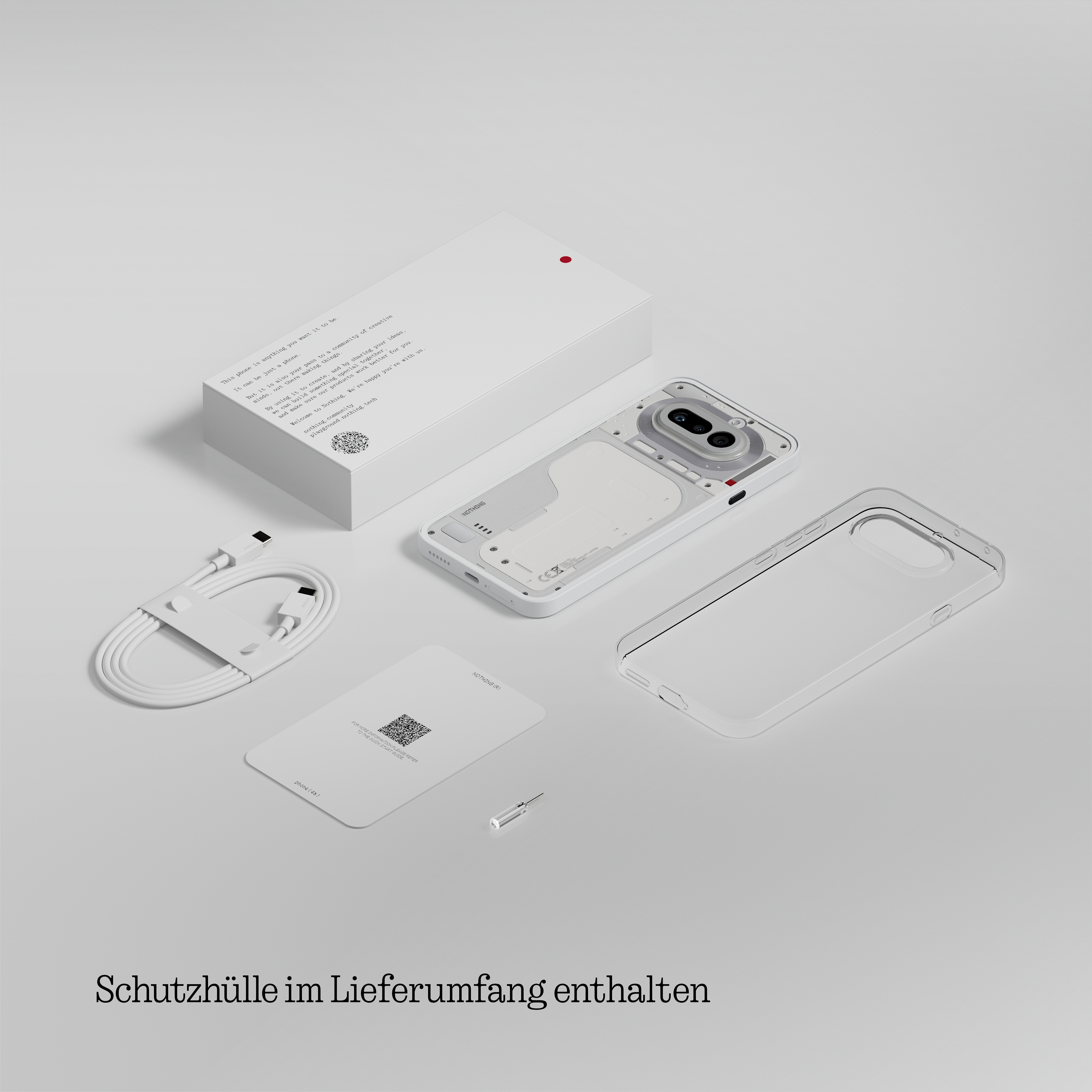 Weiße Smartphone-Verpackung mit geöffnetem Inhalt inklusive weißem Telefon, transparentem Case, Ladekabel und Zubehör.