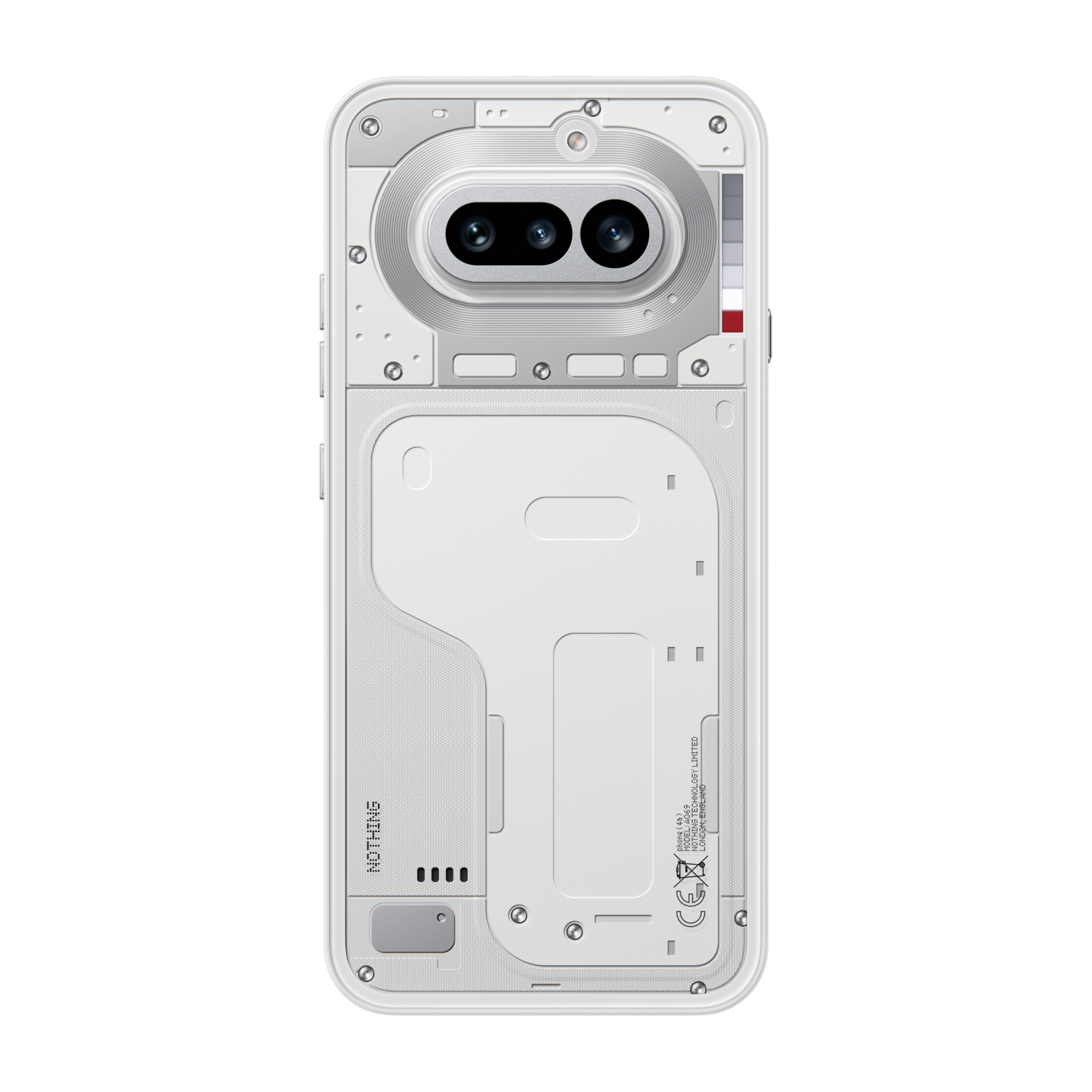 Die Rückseite eines weißen Smartphones mit freiliegenden internen Elementen und einer Doppelkamera.