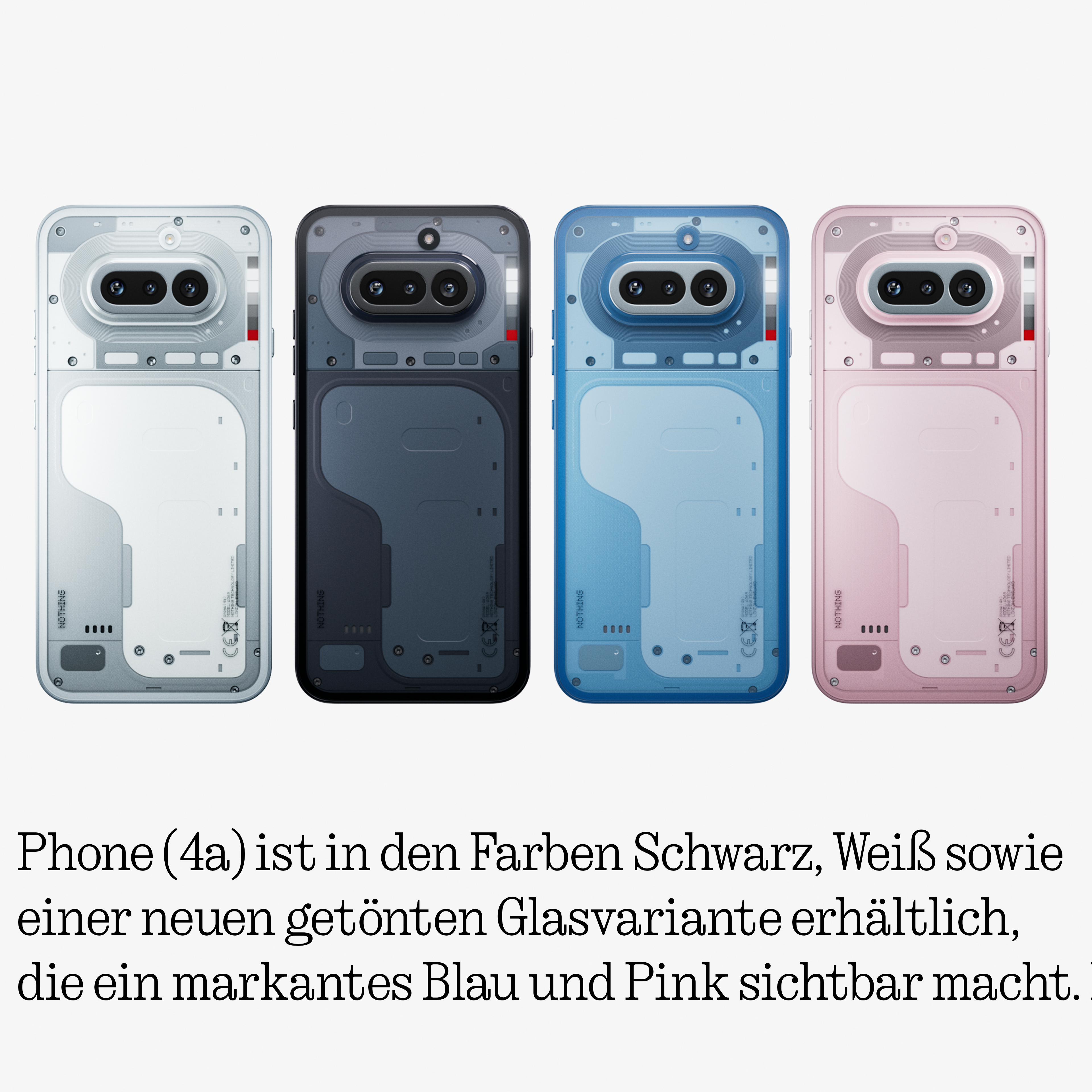 Vier Smartphones in Weiß, Schwarz, Blau und Pink mit transparenten Rückseiten.