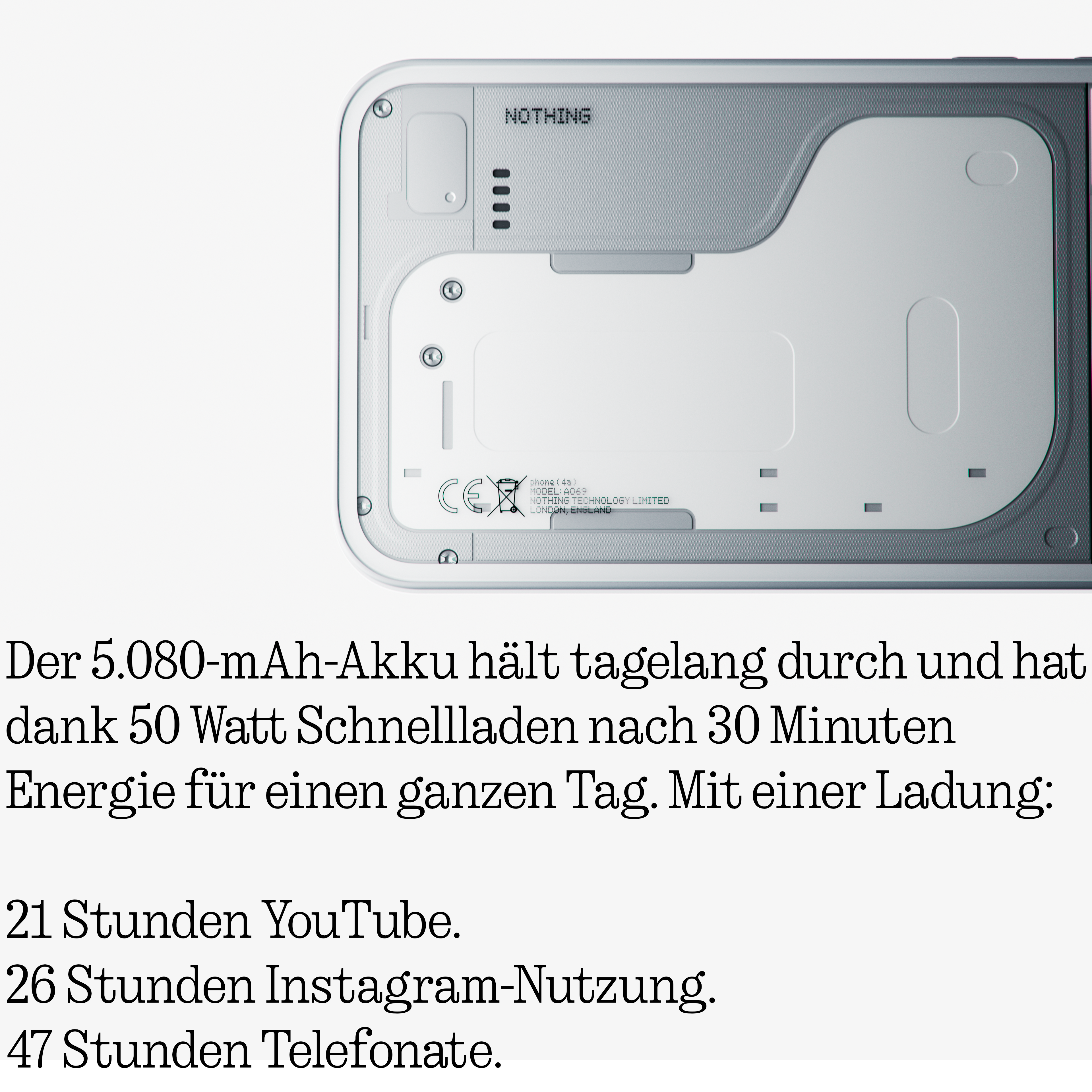Die Rückseite eines weißen Smartphones mit Textdetails zum 5.080-mAh-Akku, 50W-Schnellladen und Nutzungszeiten.