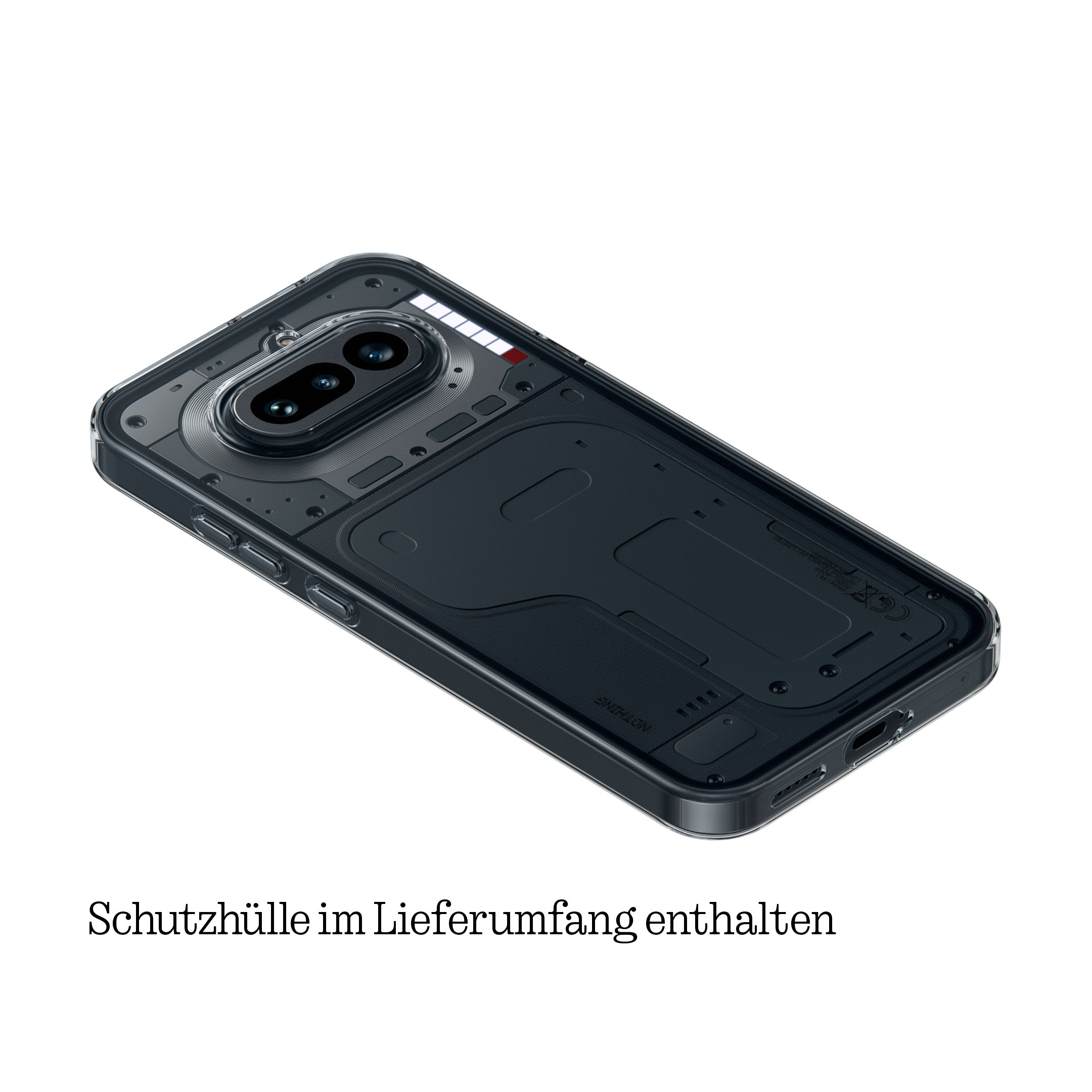 Transparente Schutzhülle für ein Smartphone mit sichtbaren technischen Elementen auf der Rückseite.