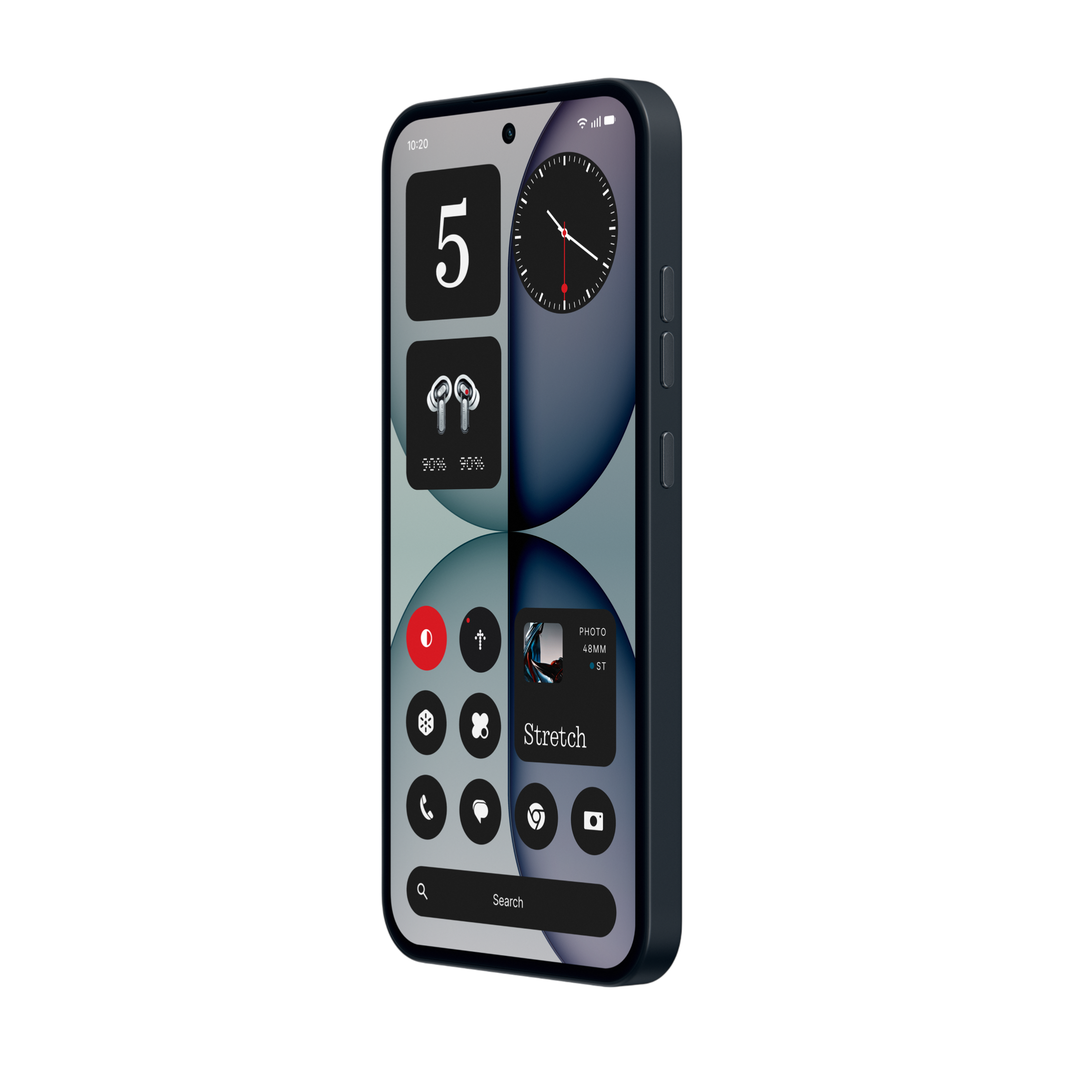 Ein Smartphone mit anpassbarem Startbildschirm, Widgets und dunklem Gehäuse vor schwarzem Hintergrund.