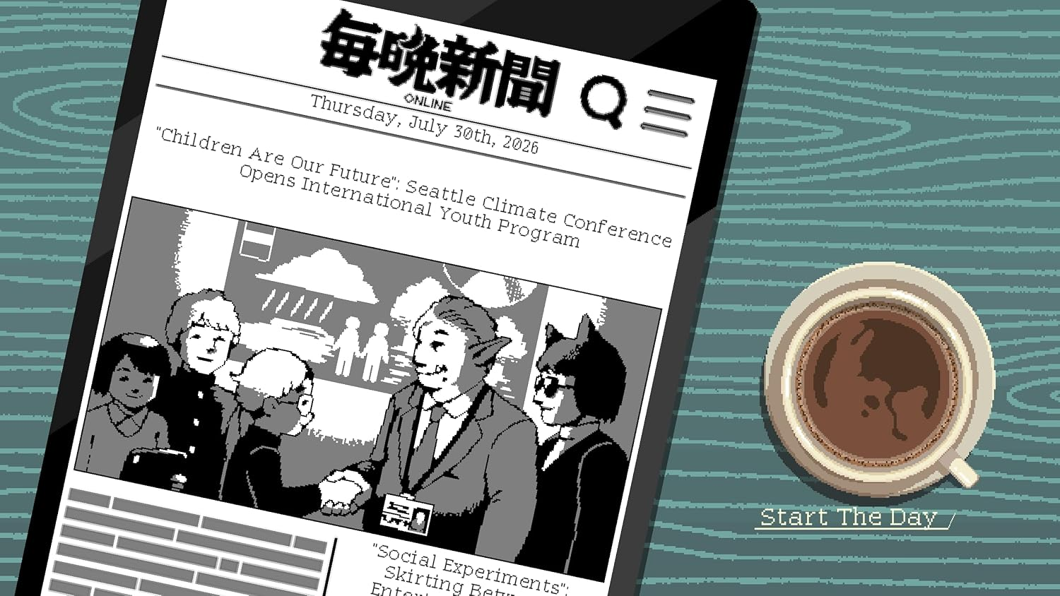 Un tablet mostra un giornale online su una conferenza climatica, accanto a una tazza di caffè su un tavolo.