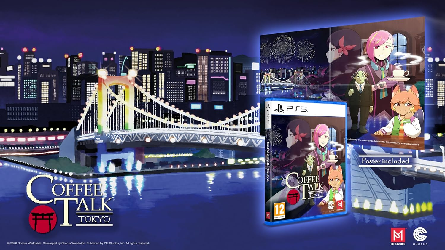 Gioco Coffee Talk Tokyo per PS5 con edizione poster fisica davanti a una città notturna illuminata.