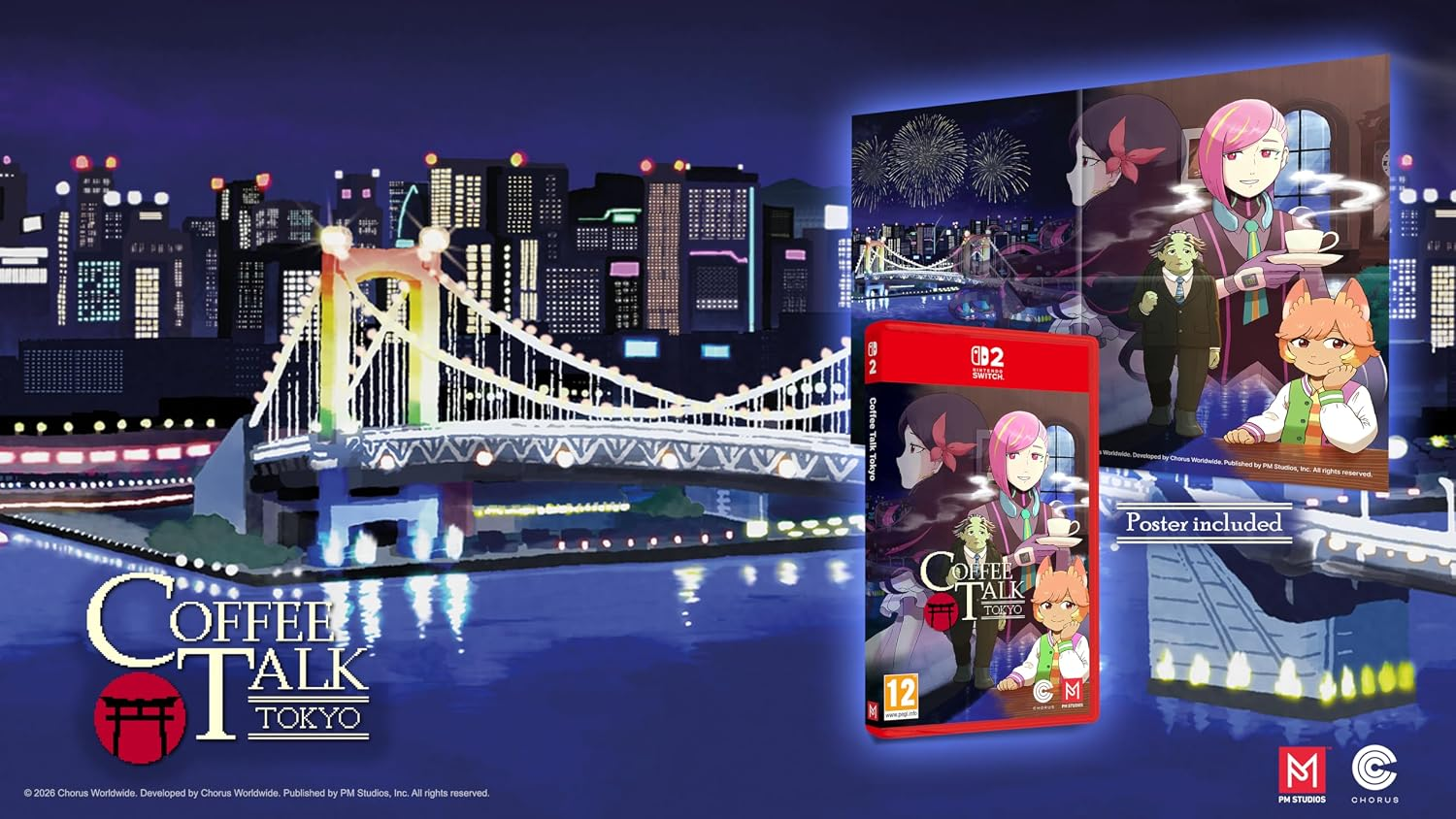 Custodia e poster del gioco Coffee Talk Tokyo davanti a uno skyline notturno di Tokyo con un ponte illuminato.