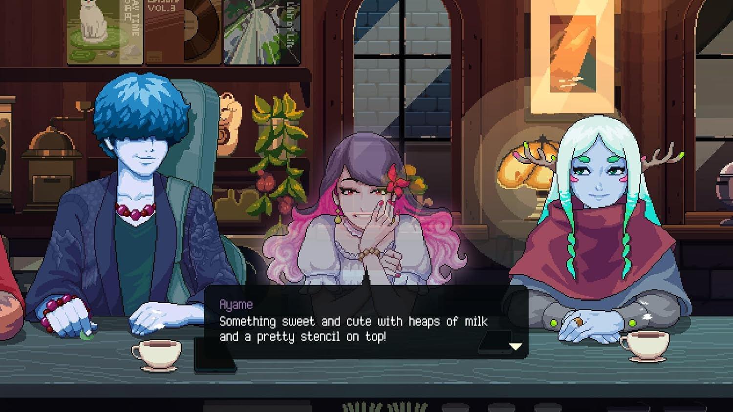 Scena da bar in pixel art con tre personaggi seduti a un bancone in una stanza accogliente.