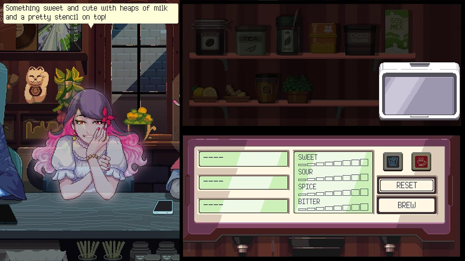 Scena di caffè in pixel art con una donna dai capelli rosa che ordina una bevanda con barre di sapore.