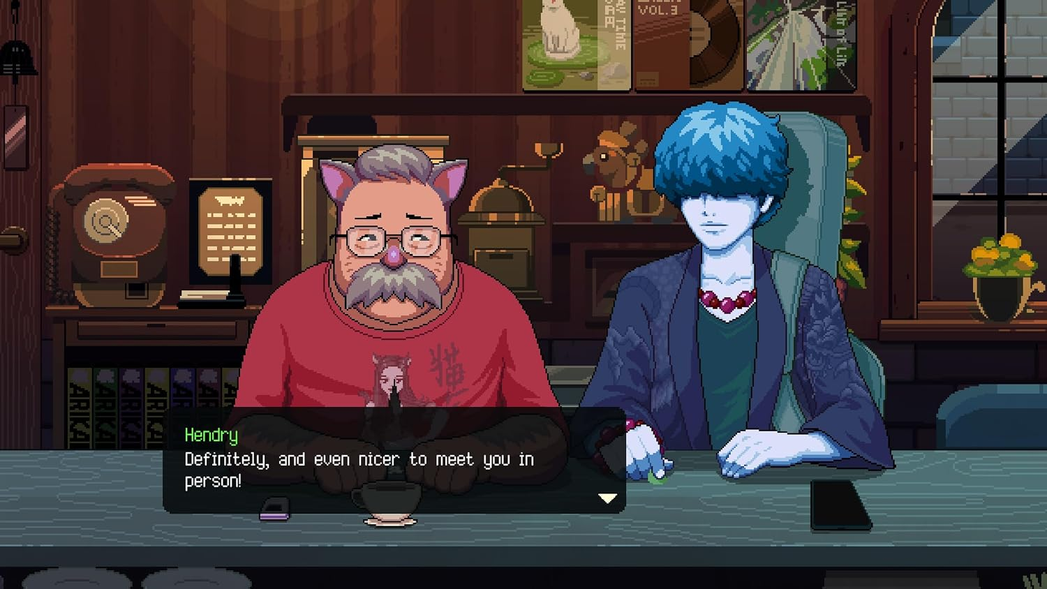 Scena in pixel art di un uomo con le orecchie da gatto e una persona dai capelli blu che parlano a un bancone.
