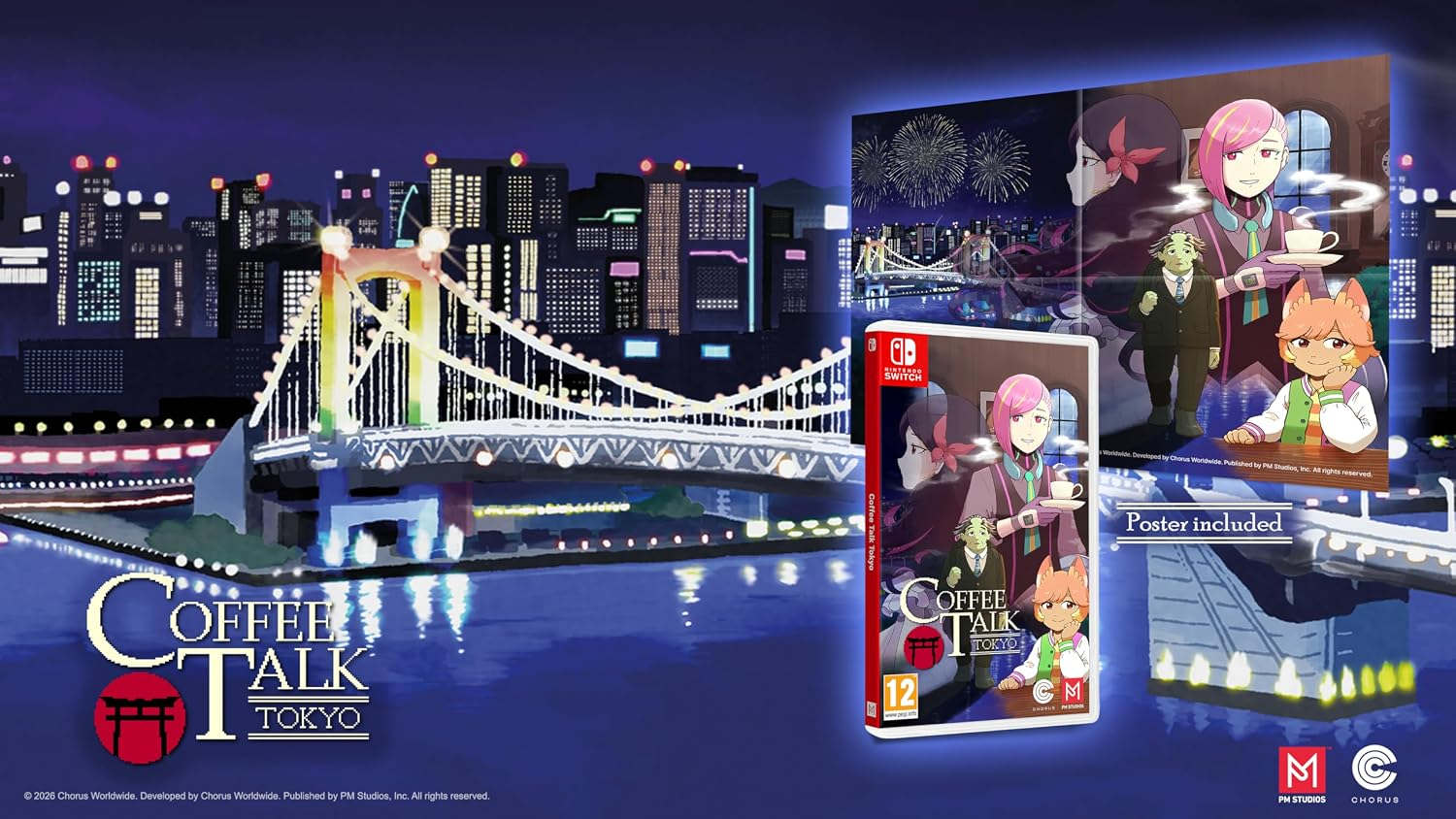 Custodia del gioco Coffee Talk Tokyo davanti a un paesaggio urbano notturno illuminato e un ponte.
