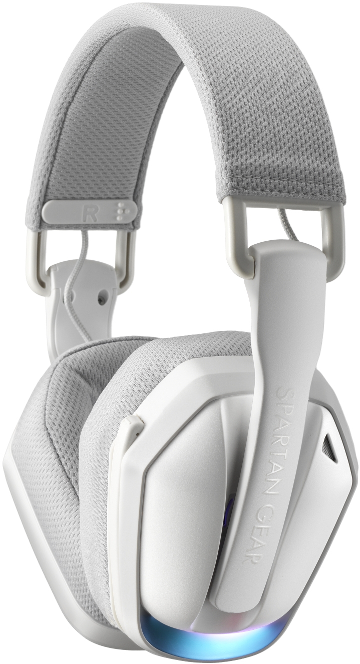 Fehér, over-ear kialakítású gamer fejhallgató szövet párnákkal és világítással.