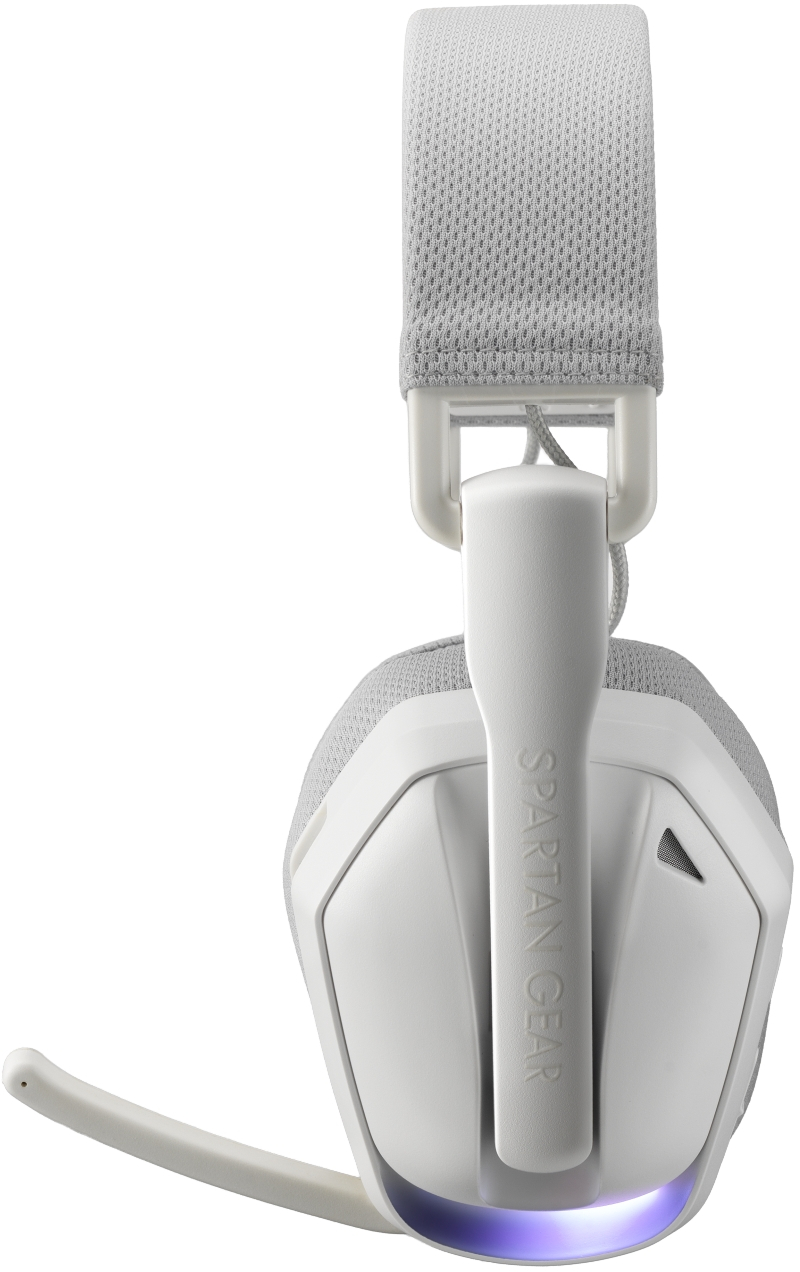 Fehér Spartan Gear gamer headset fülhallgató beépített mikrofonnal és világító alappal.