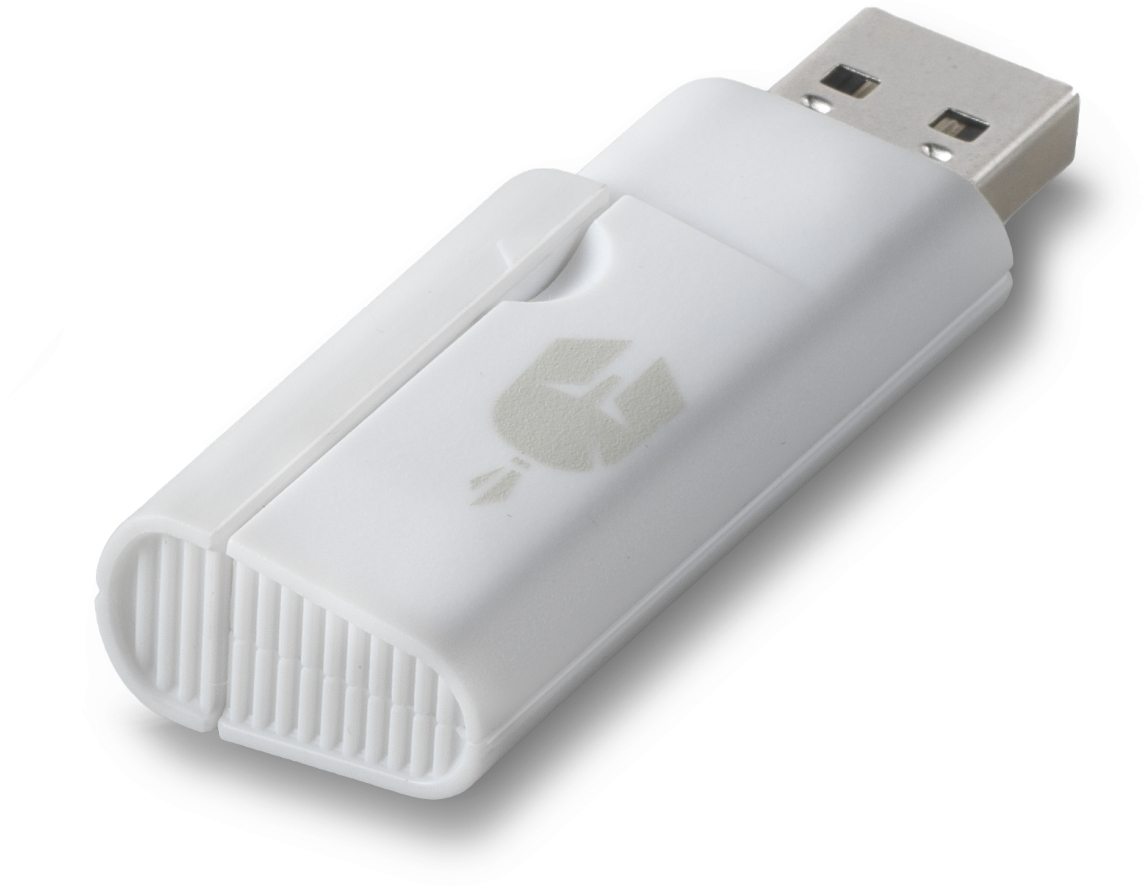 Fehér USB flash meghajtó logóval az oldalán fehér háttér előtt.