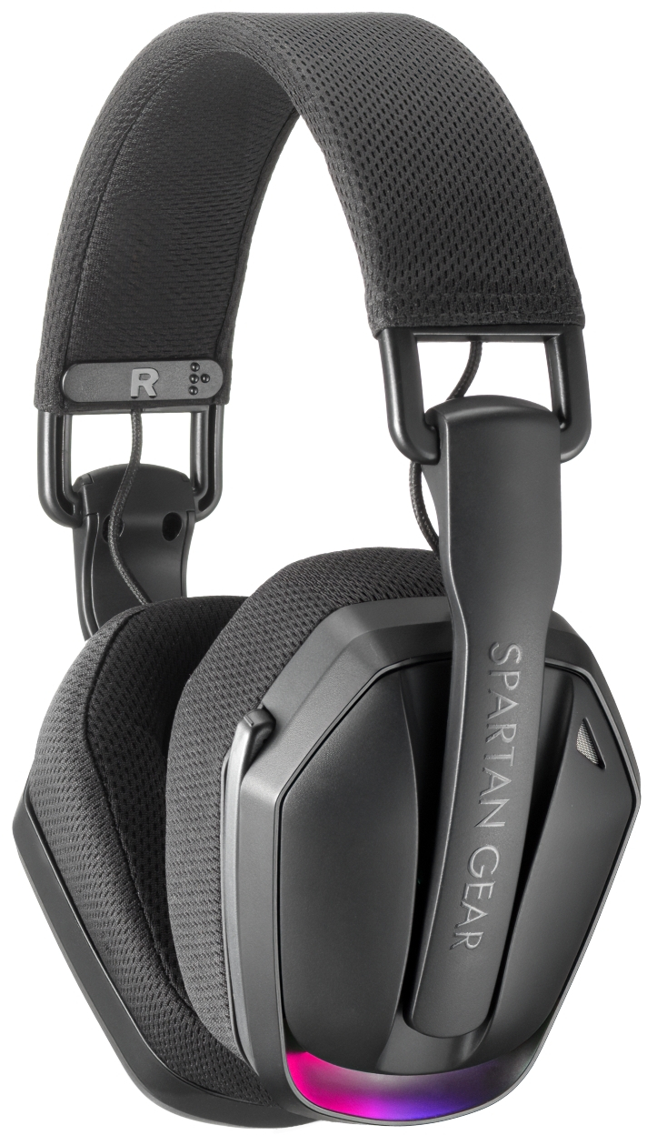 Fekete over-ear fejhallgató párnázott fejpánttal és a Spartan Gear márkajelzéssel.