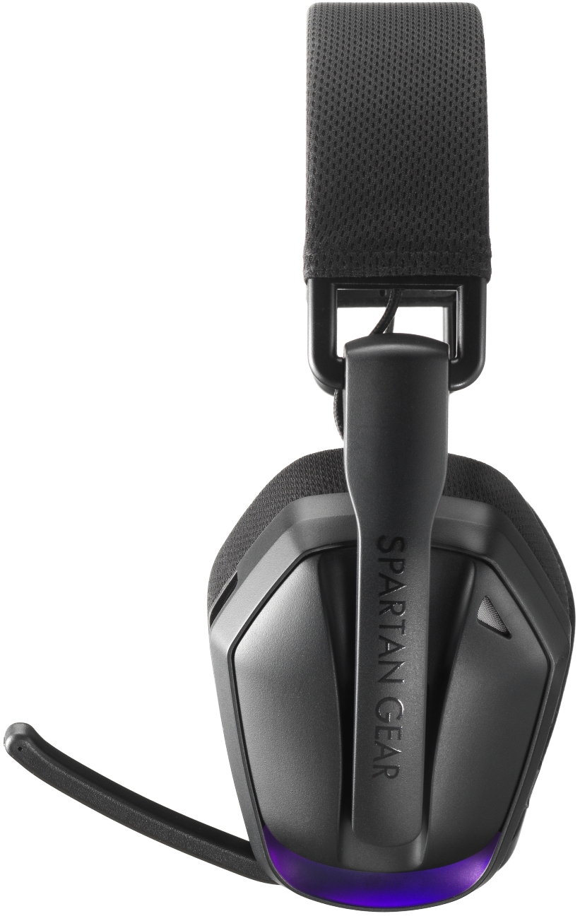 Fekete Spartan Gear gamer headset mikrofonnal és lila LED fénnyel fehér háttérrel.