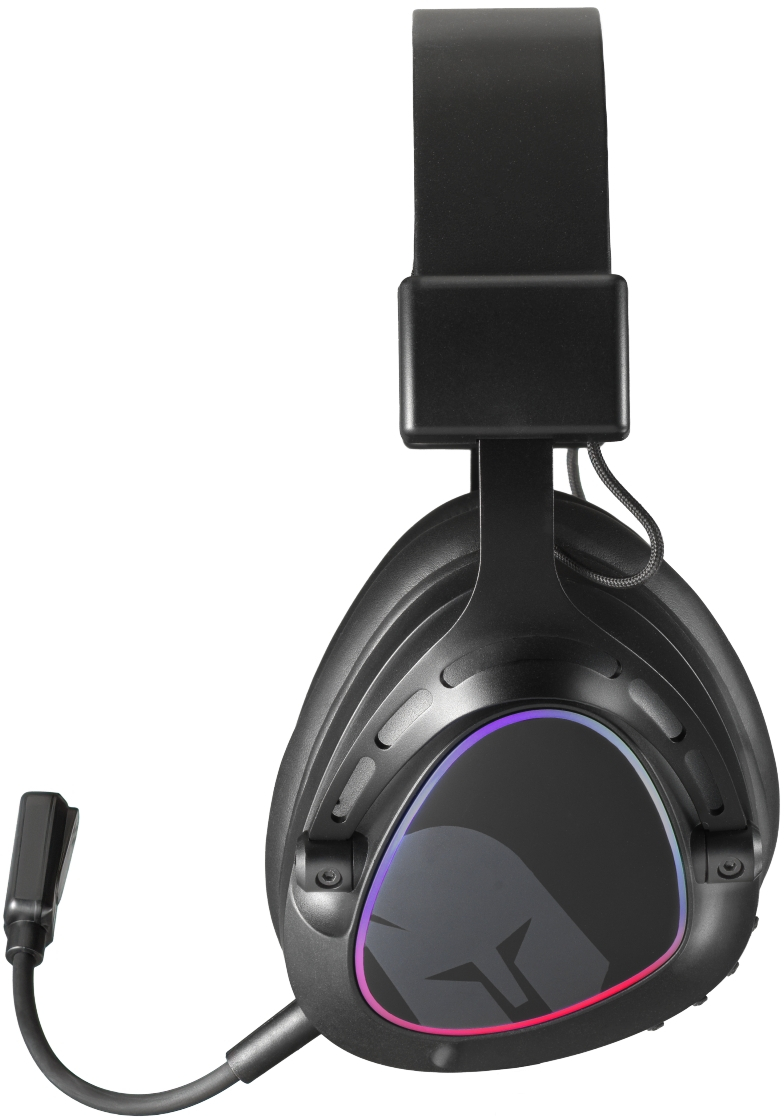Fekete gamer headset mikrofonnal és RGB világítással a fülhallgatón.
