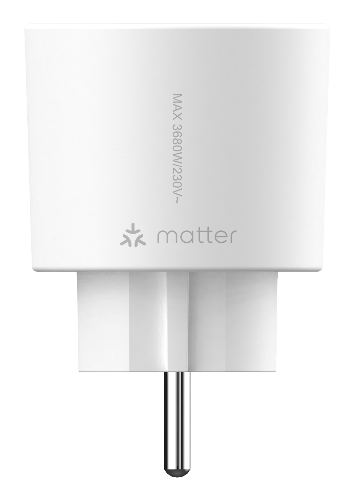 Egy fehér okosdugó a Matter logóval és MAX 3680W/230V~ felirattal fekete h áttér előtt.