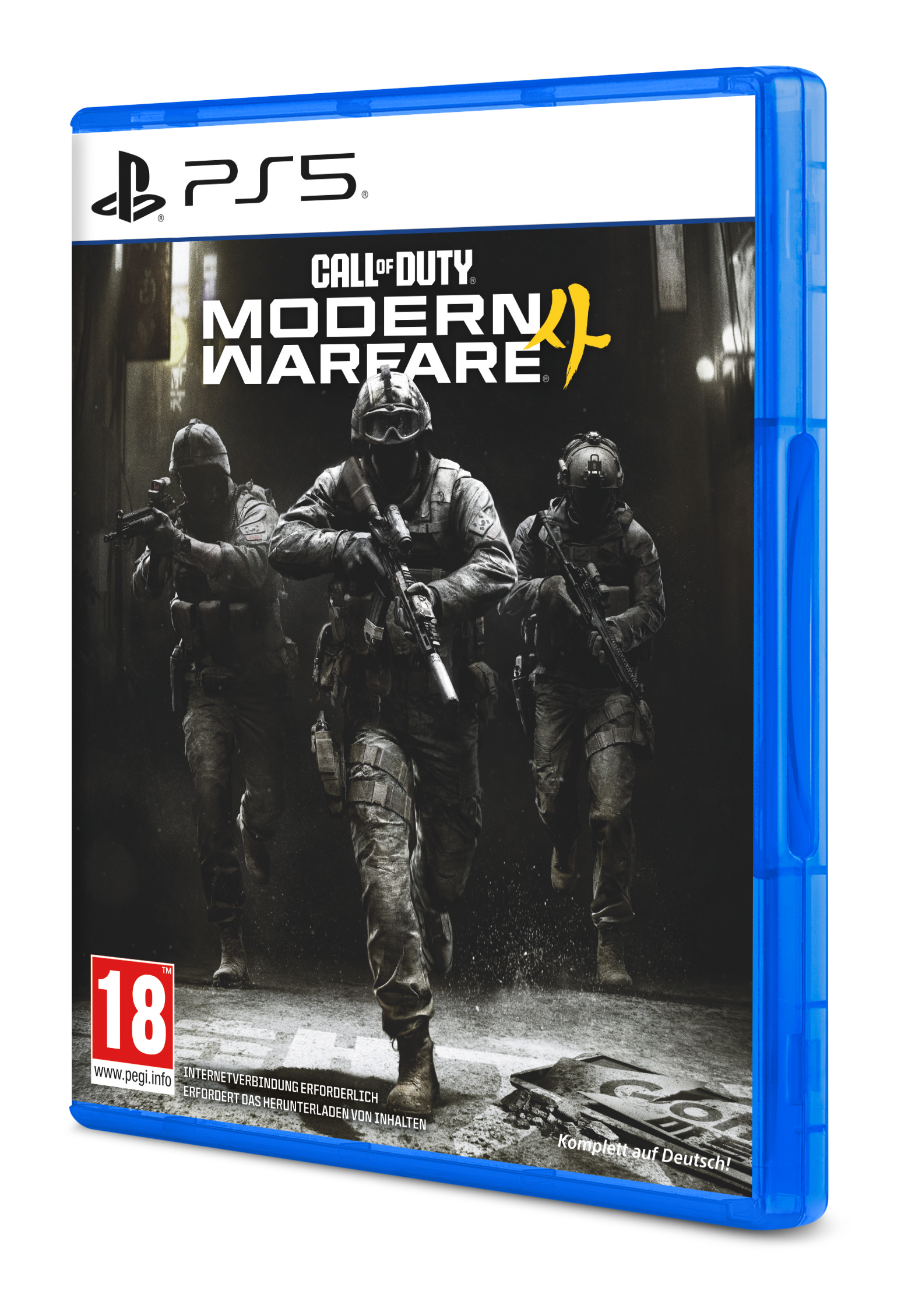 Call of Duty Modern Warfare II PS5-Spielhülle mit drei bewaffneten Soldaten und USK-18-Logo.