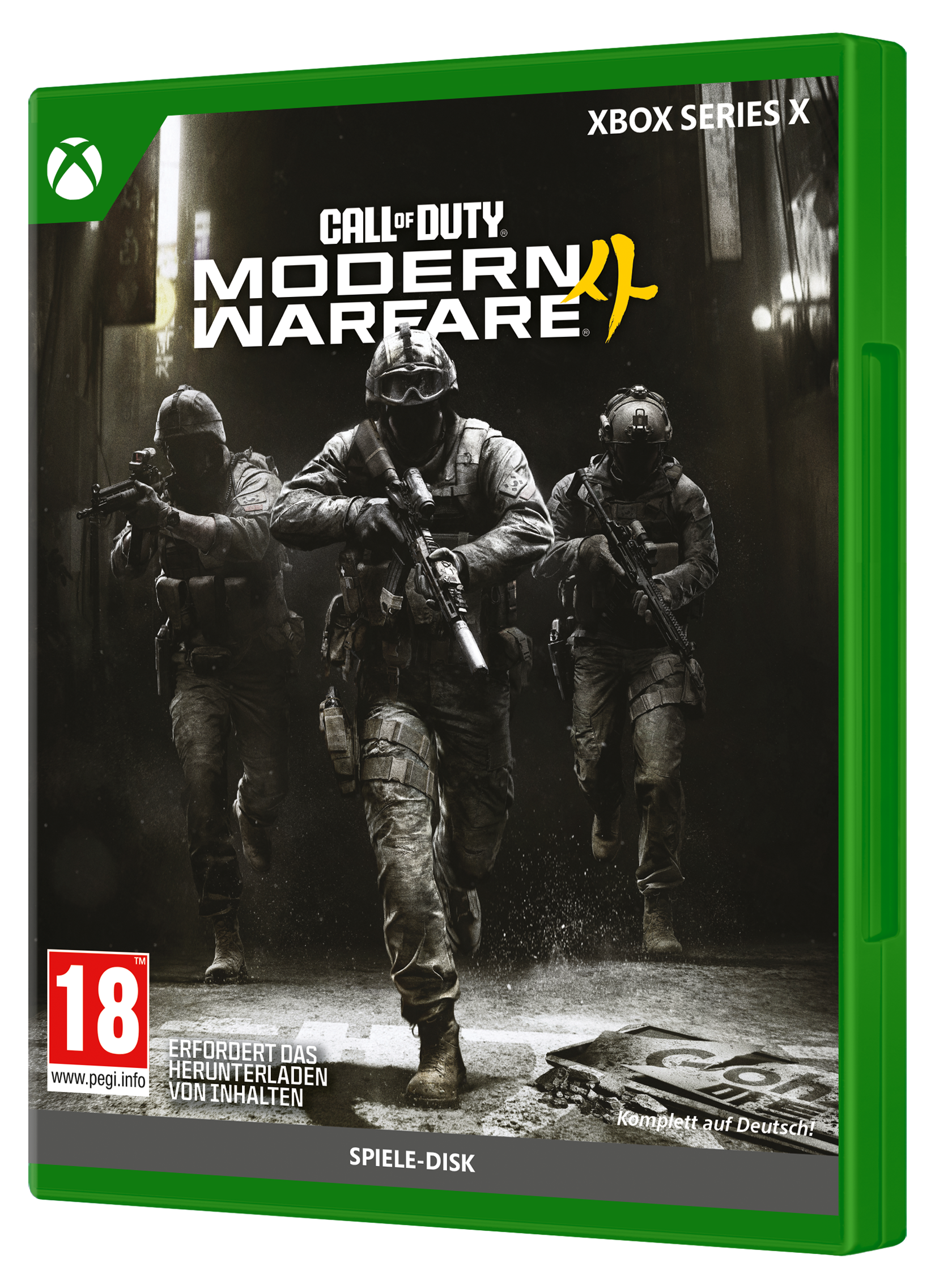Xbox Series X Cover für Call of Duty Modern Warfare II mit drei bewaffneten Soldaten.