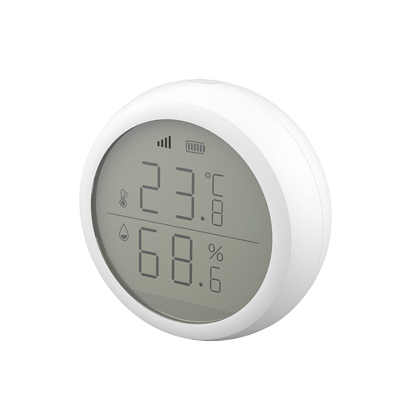 Egy fehér, kerek digitális hőmérő és páratartalom-mérő 23,6 °C-ot és 68%-os páratartalmat mutat.