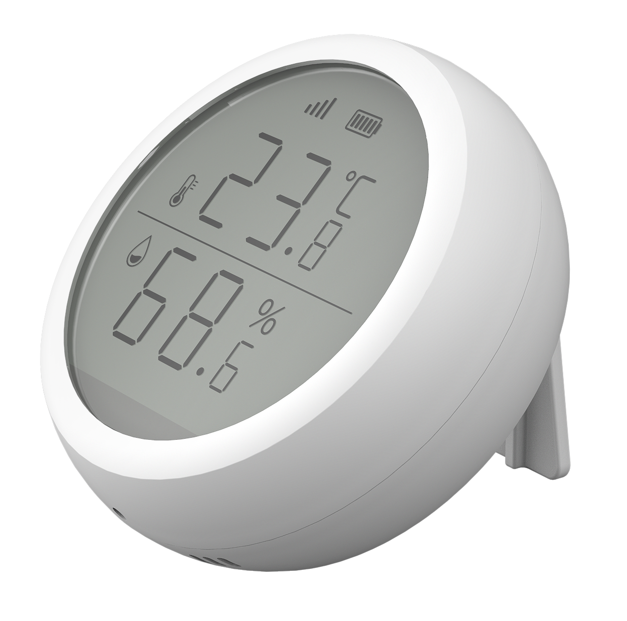 Kerek, fehér digitális hőmérő LCD kijelzővel, amely 23,8 Celsius-fokot és 68,6 százalékos páratartalmat mutat.