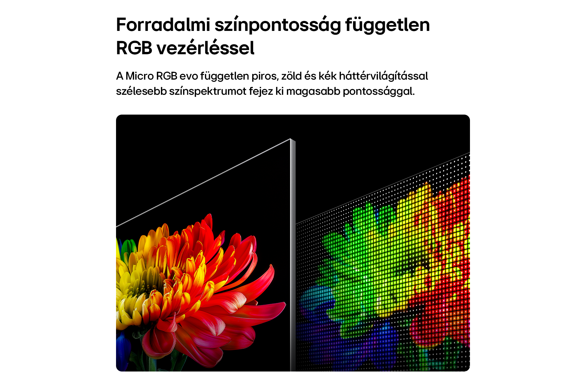 Két képernyő összehasonlítása élénk virágszínekkel és RGB pixelmintákkal fekete háttéren.