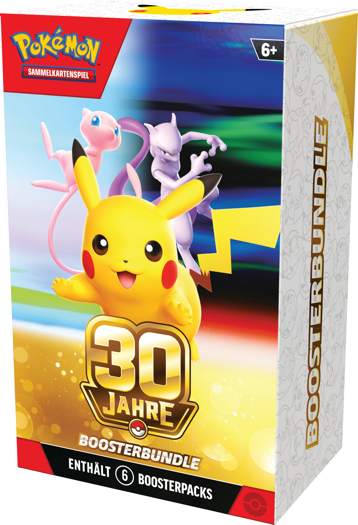 Pokémon 30 Jahre Booster Bundle mit Pikachu, Mew und Mewtu, enthält 6 Boosterpacks.