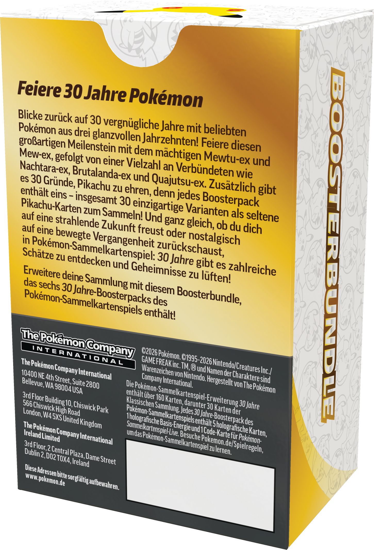 Rückseite einer Pokémon 30 Jahre Boosterbundle-Verpackung mit deutschem Text und Firmenlogos.