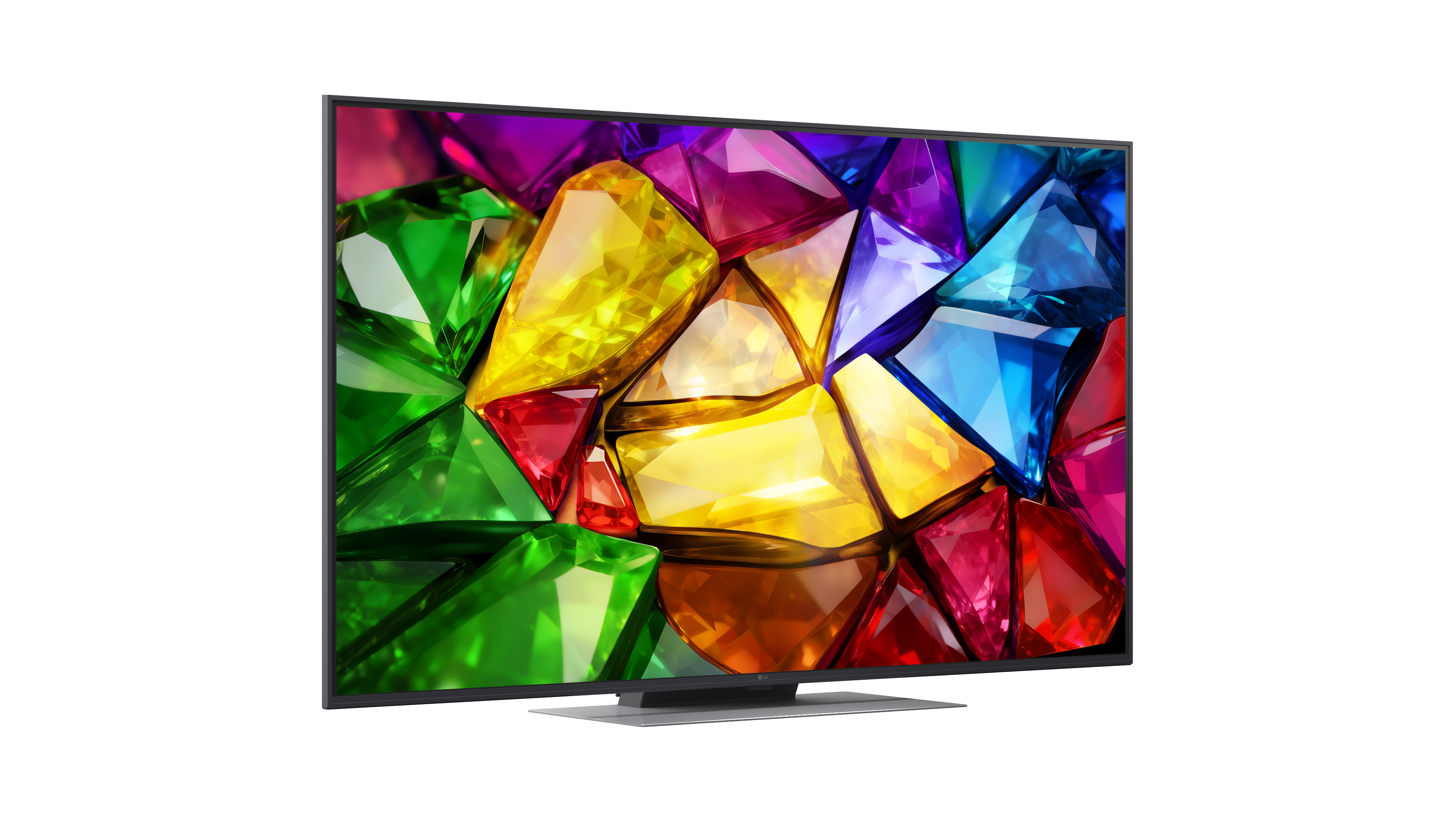 Modern TV, képernyőjén színes, absztrakt kristálymintával, fehér háttér előtt.