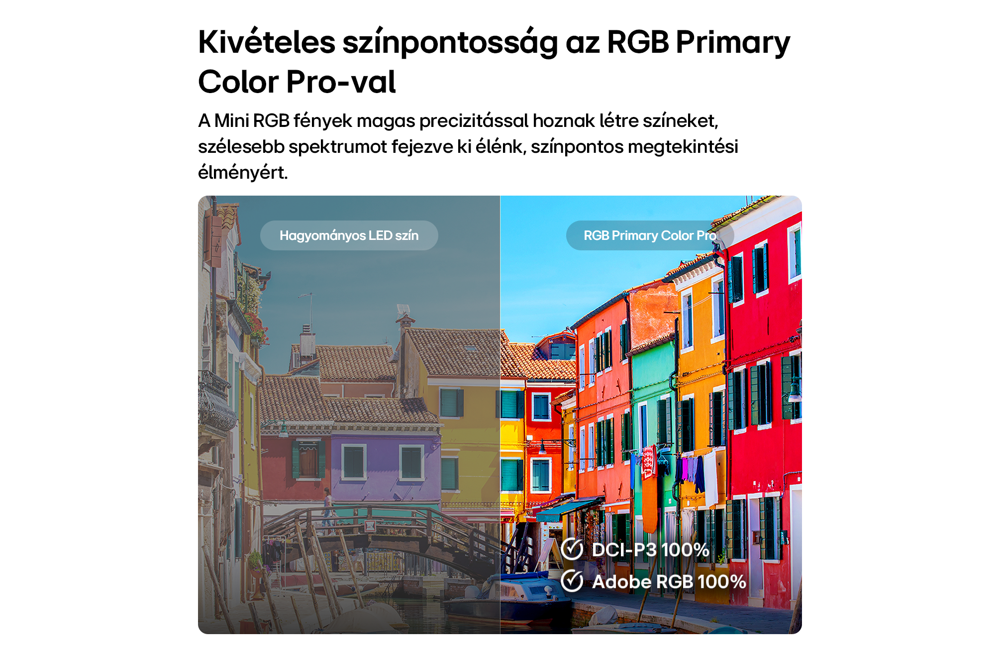 Színes házak összehasonlítása; balra fakó LED, jobbra élénk RGB Primary Color Pro látható.