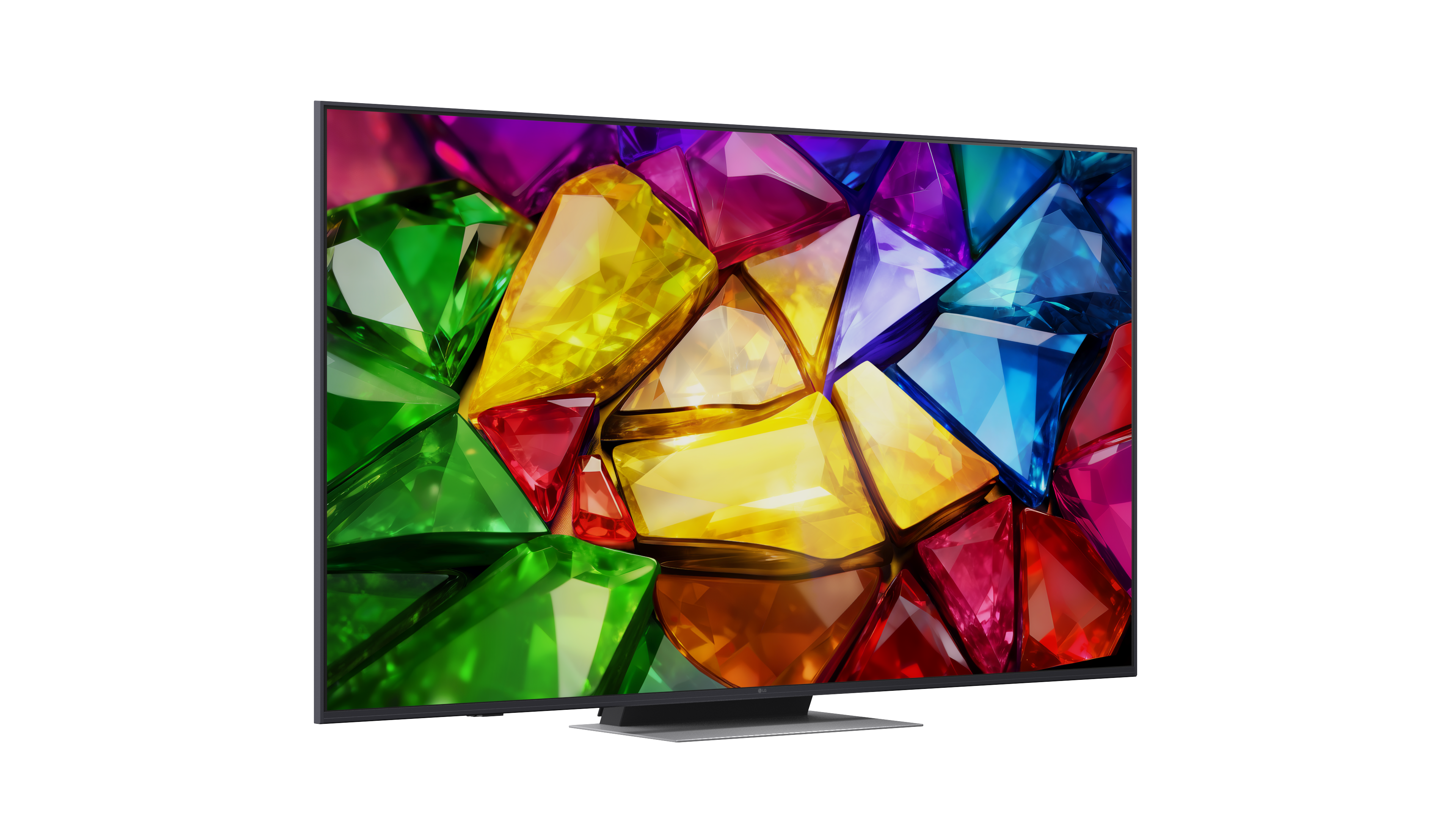 Egy modern televízió vékony kerettel színes, csillogó geometriai drágakövek élénk, absztrakt hátterét mutatja.
