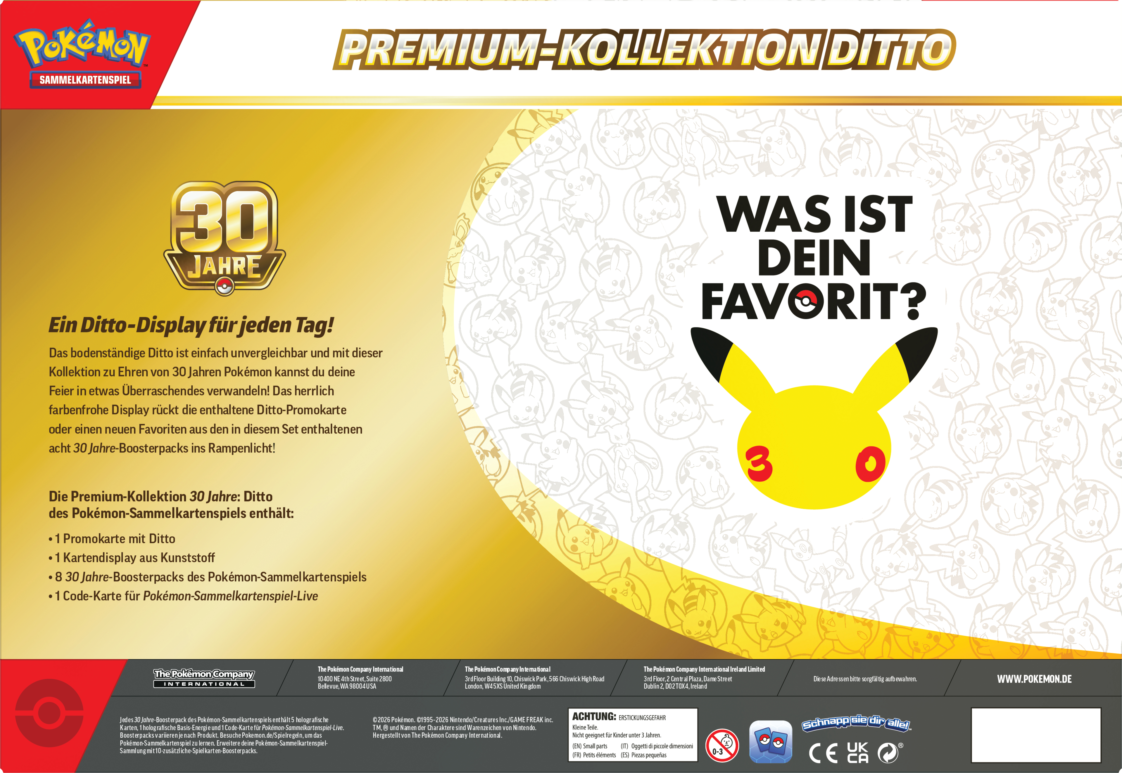 Pokémon Ditto Premium-Kollektion Rückseite mit Text, Pikachu-Grafiken, 30 Jahre Logo und Inhaltsangabe.