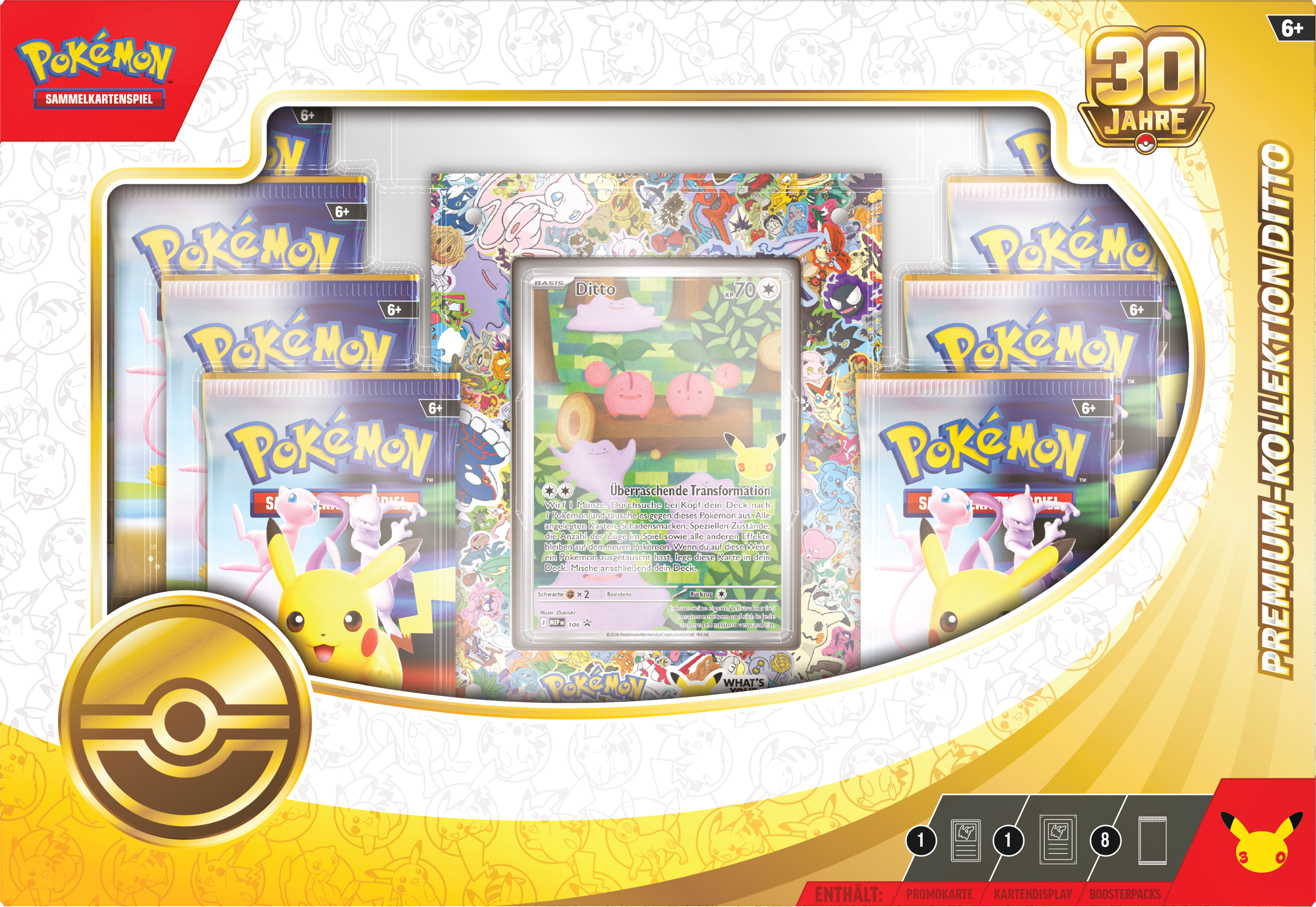 Pokémon Ditto Premium-Kollektion Box mit Ditto-Promokarte, Jumbo-Karte, Displays und acht Boosterpacks.