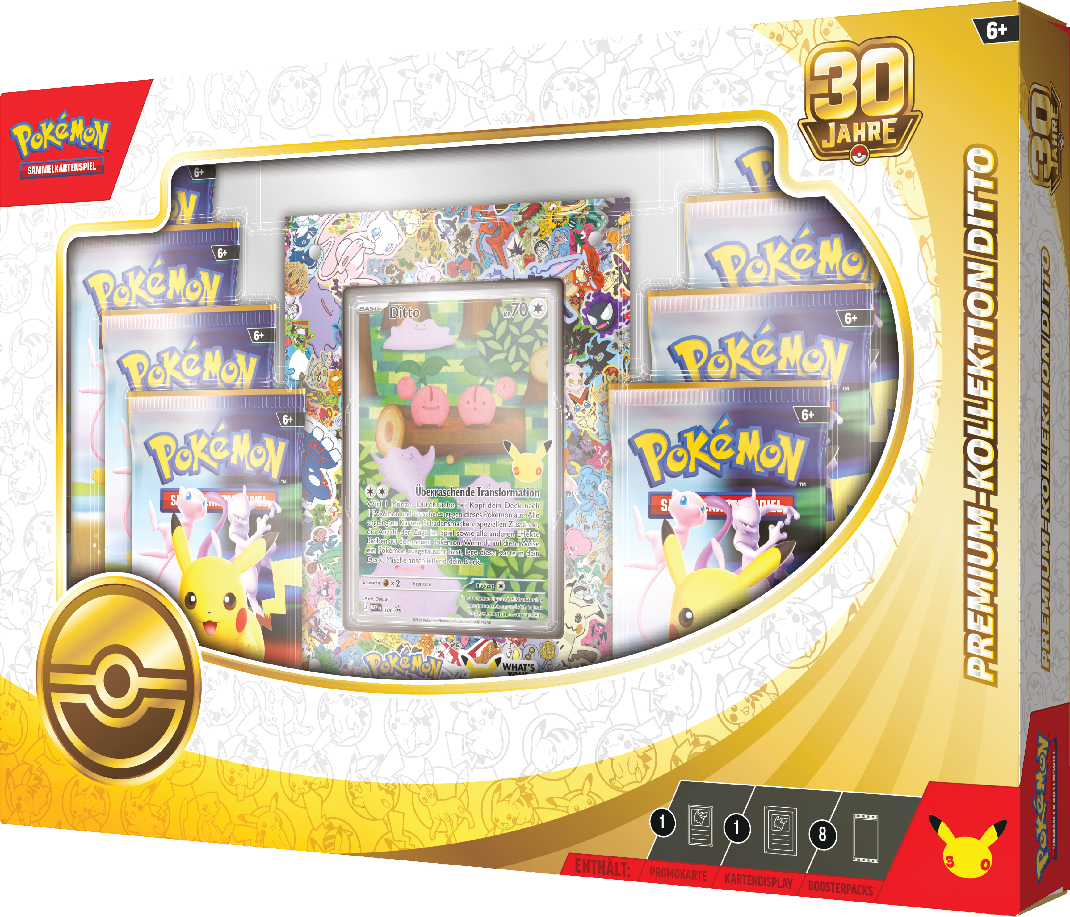Eine Pokémon 30-Jahre-Kollektionsbox mit Boosterpacks, Promokarte und Kartendisplay.
