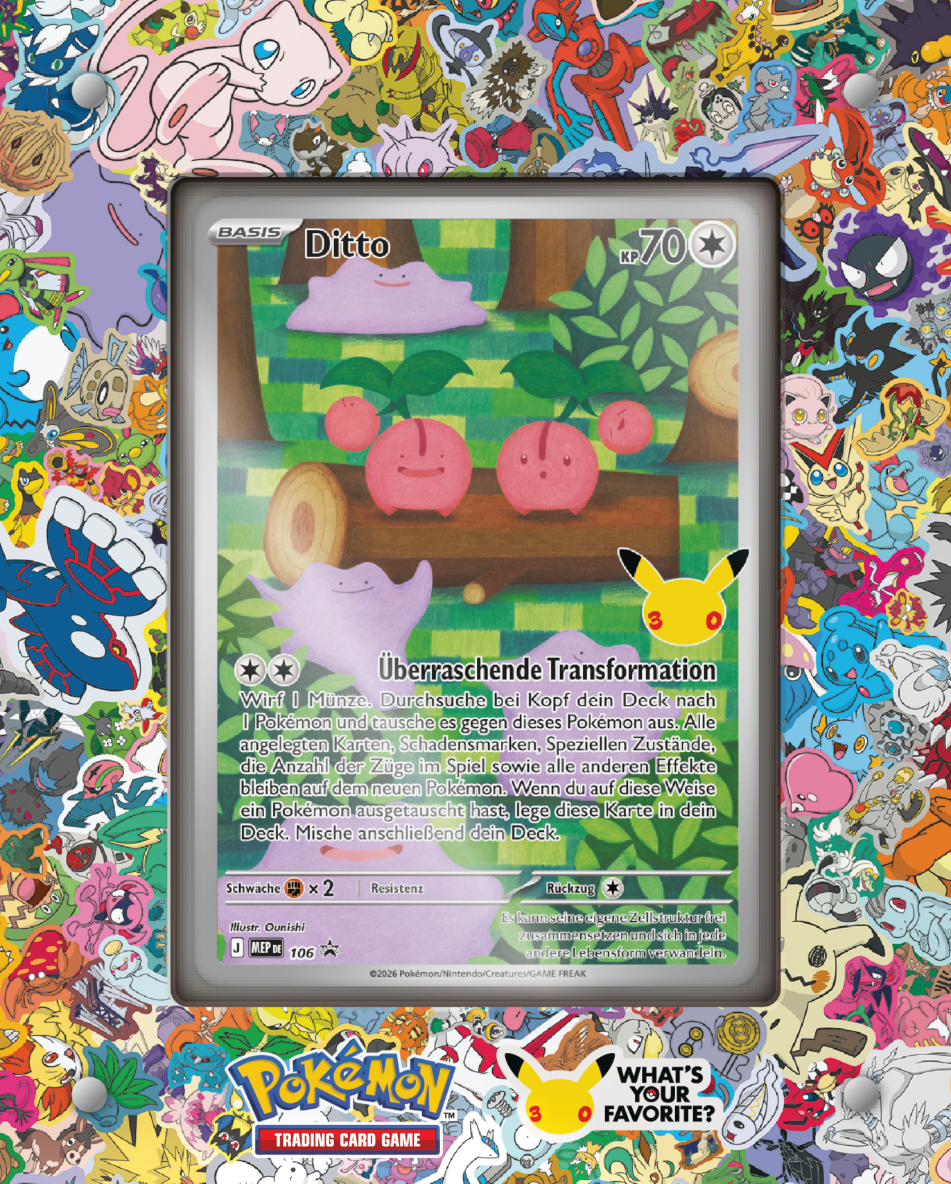Ditto Pokémon-Karte surrounded by various colorful Pokémon stickers.