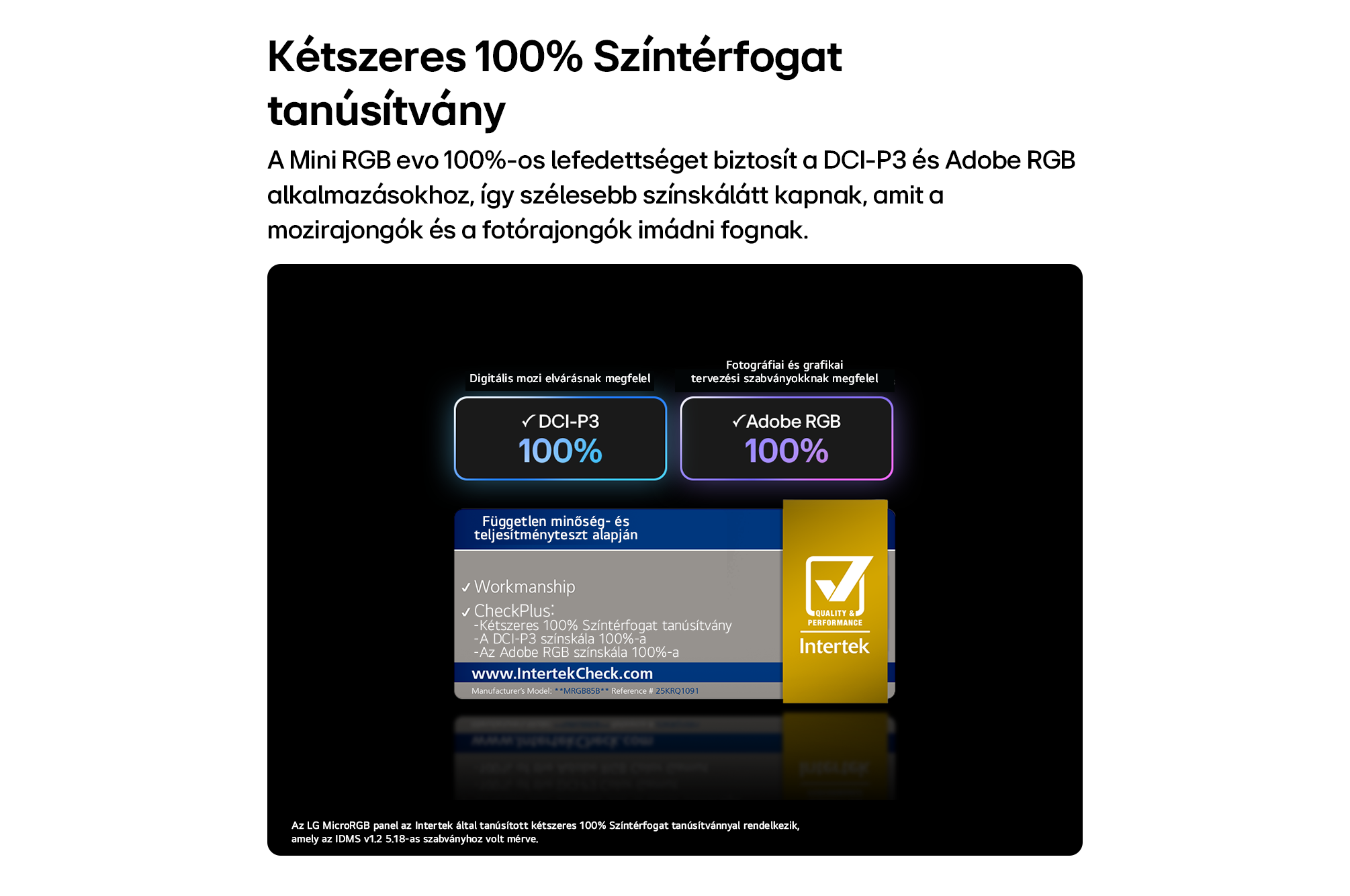 Infografika 100%-os DCI-P3 és Adobe RGB tanúsítvánnyal és Intertek minőségjelzéssel.