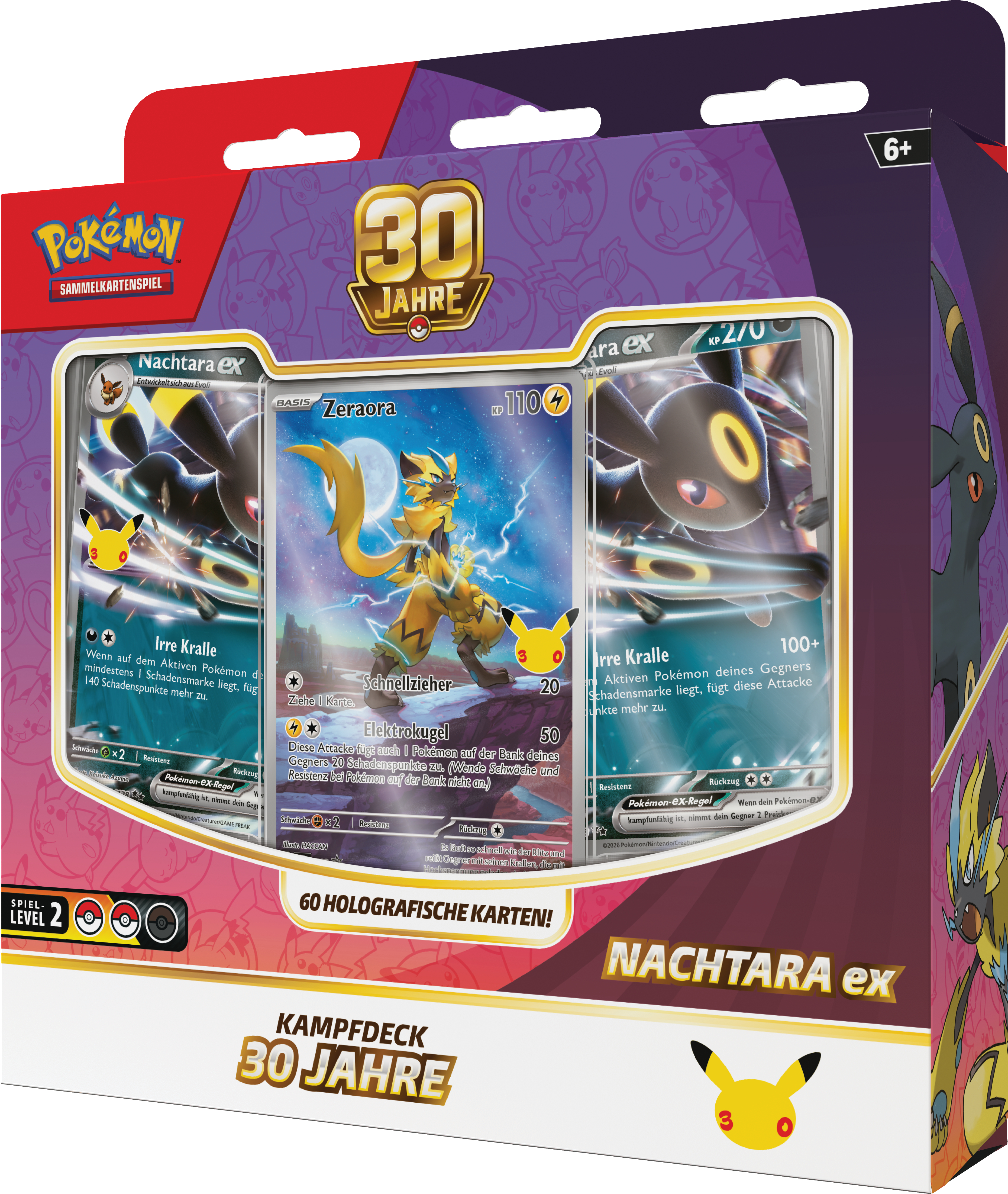 Pokémon 30 Jahre Kampfdeck Box mit drei holografischen Karten von Zeraora und Nachtara ex auf violettem Hintergrund.