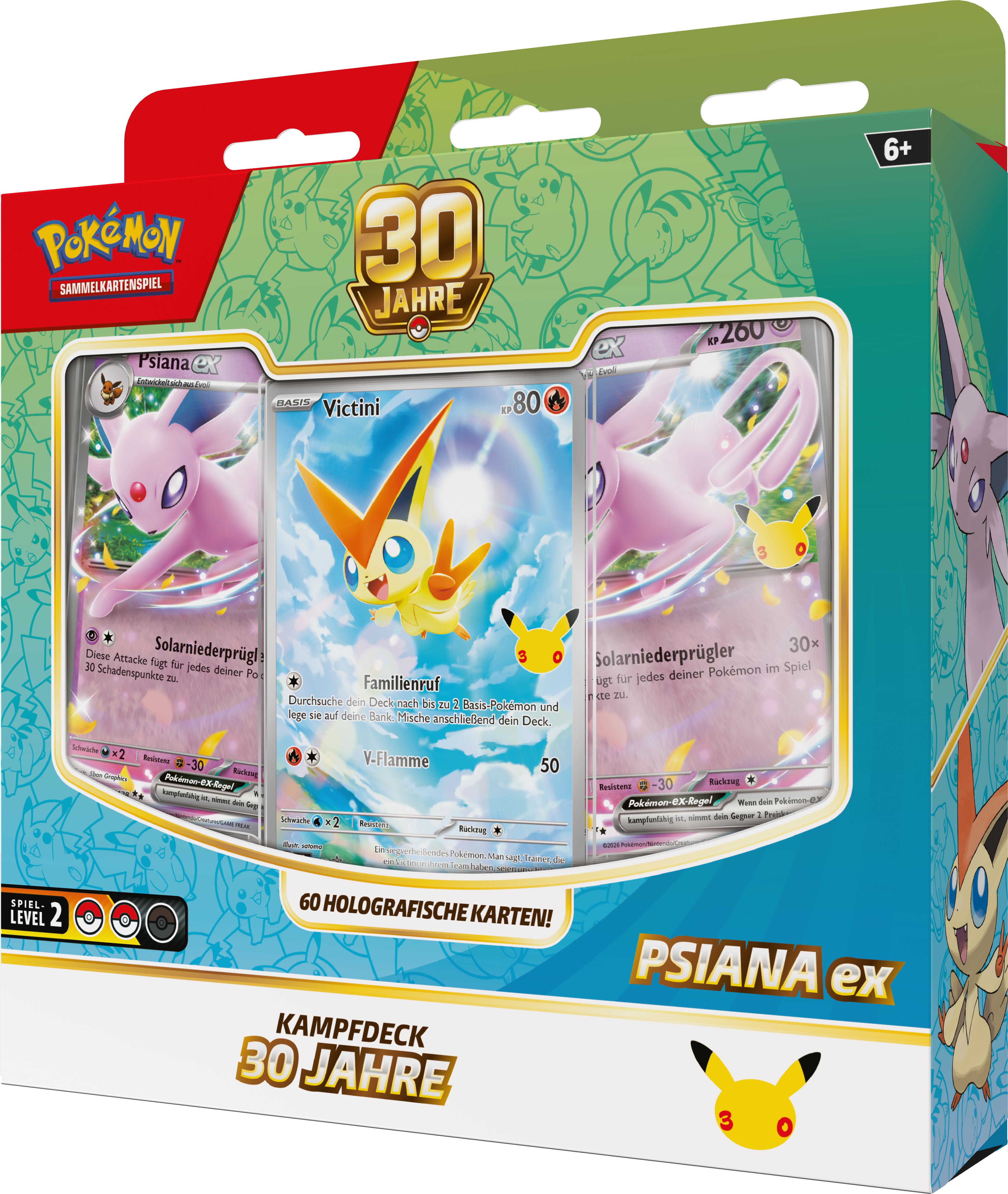 Pokémon 30 Jahre Kampfdeck mit Psiana ex und Victini Karten in grüner Verpackung.