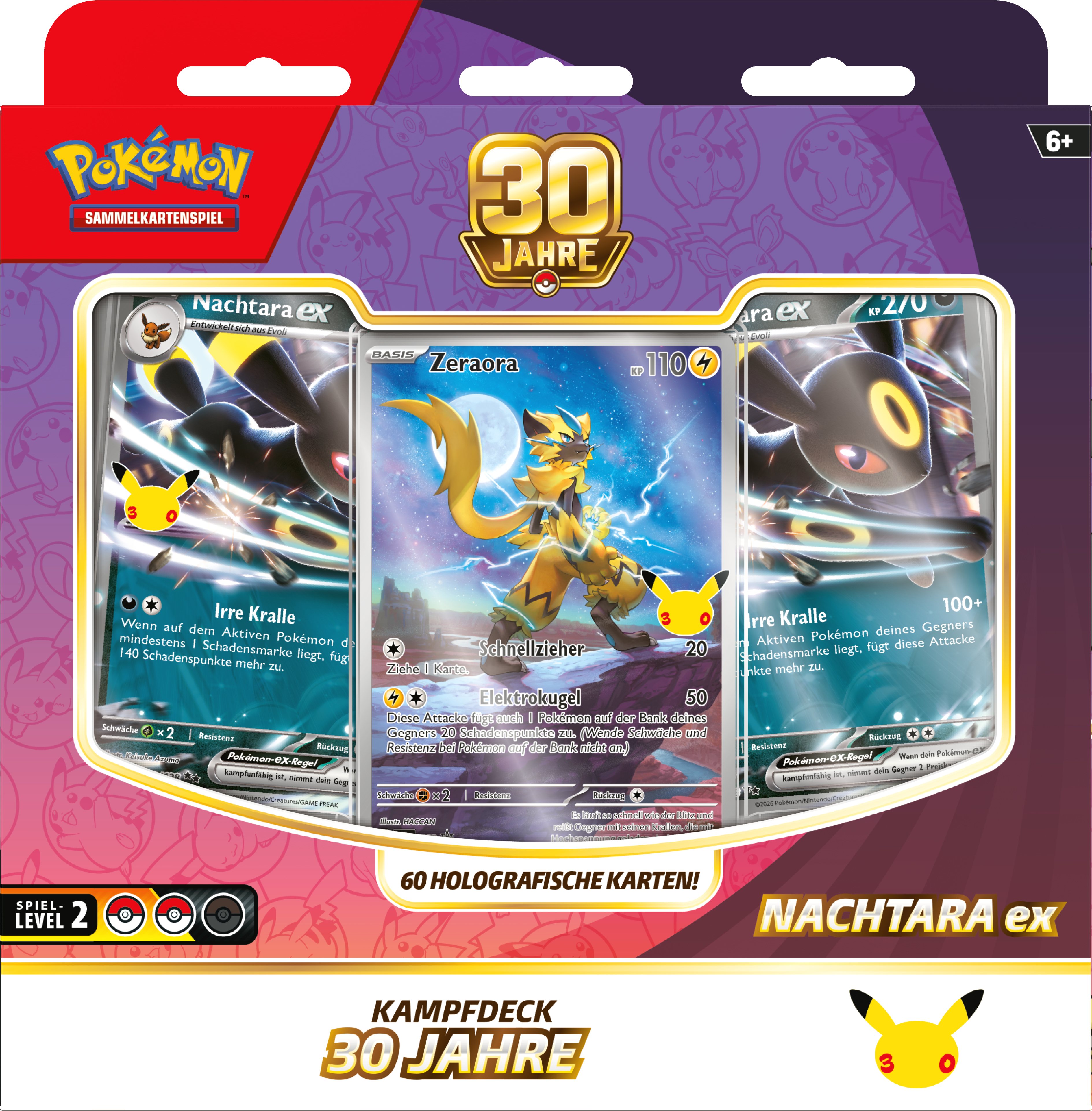 Pokémon 30 Jahre Kampfdeck mit Nachtara ex und Zeraora Karten in einer violetten Box.