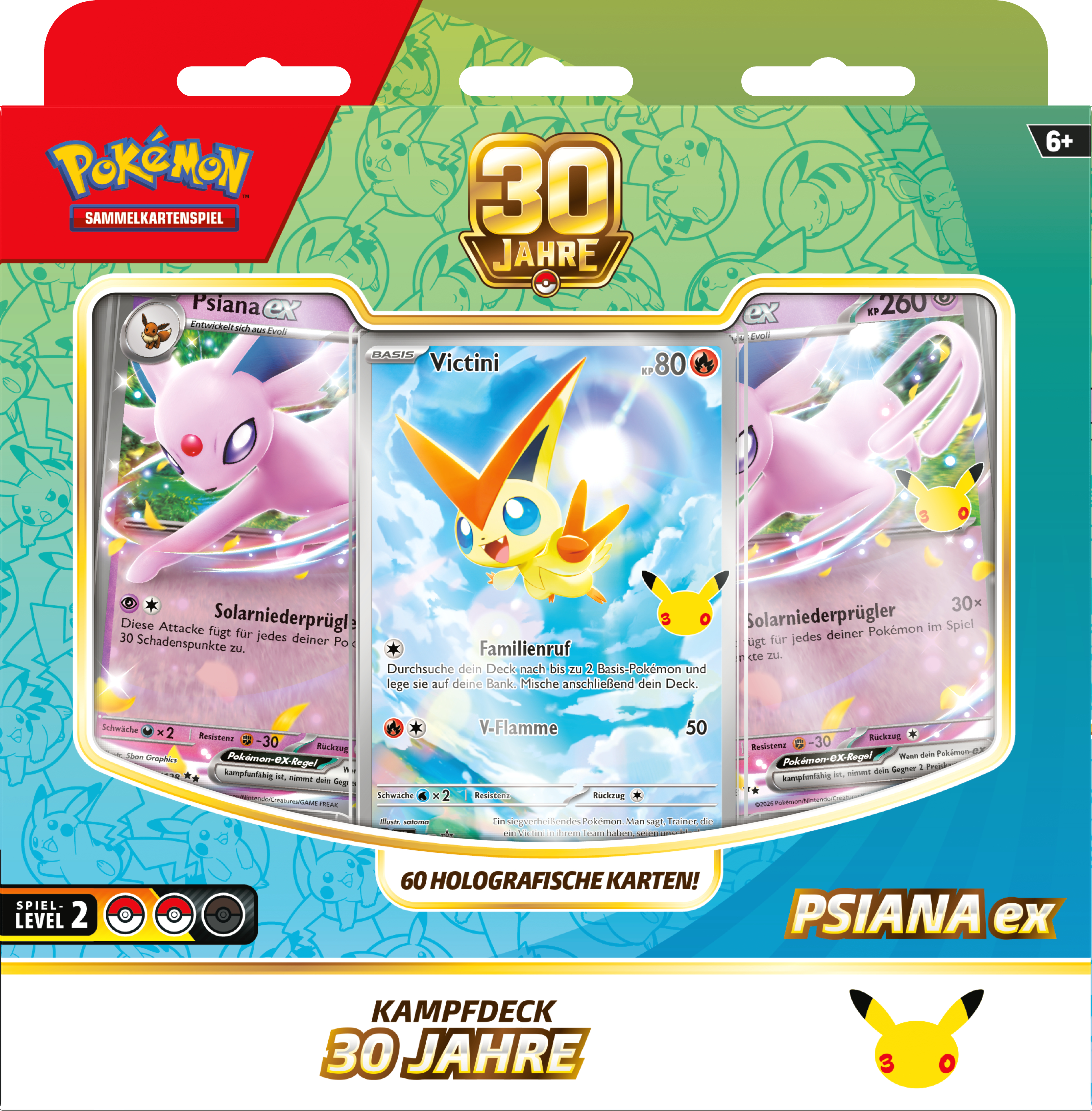 Eine Pokémon TCG 30-Jahre-Kampfdeck-Box mit Psiana ex und Victini Karten.