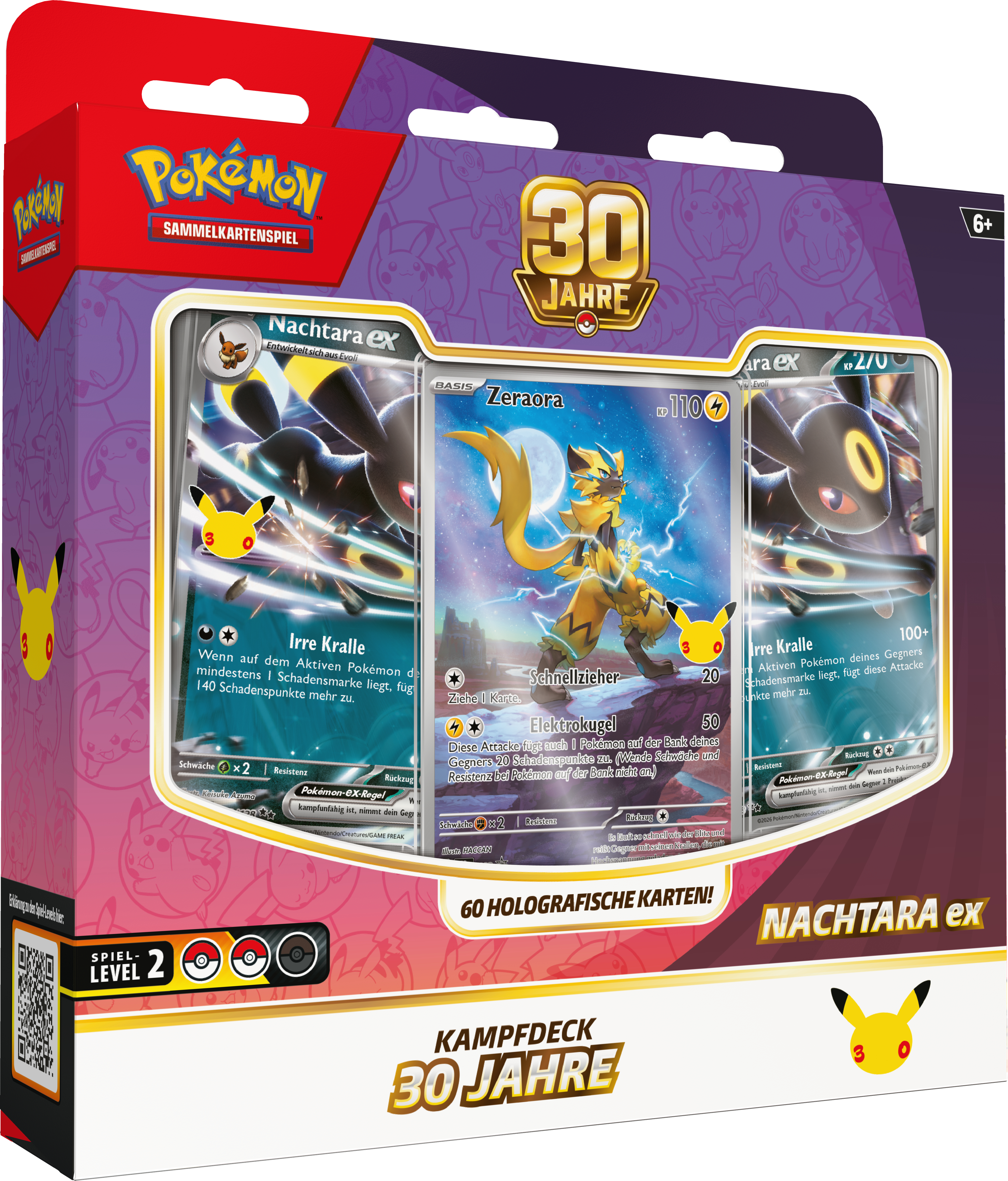 Pokémon 30 Jahre Kampfdeck in Rot und Lila mit holografischen Karten von Nachtara und Zeraora.